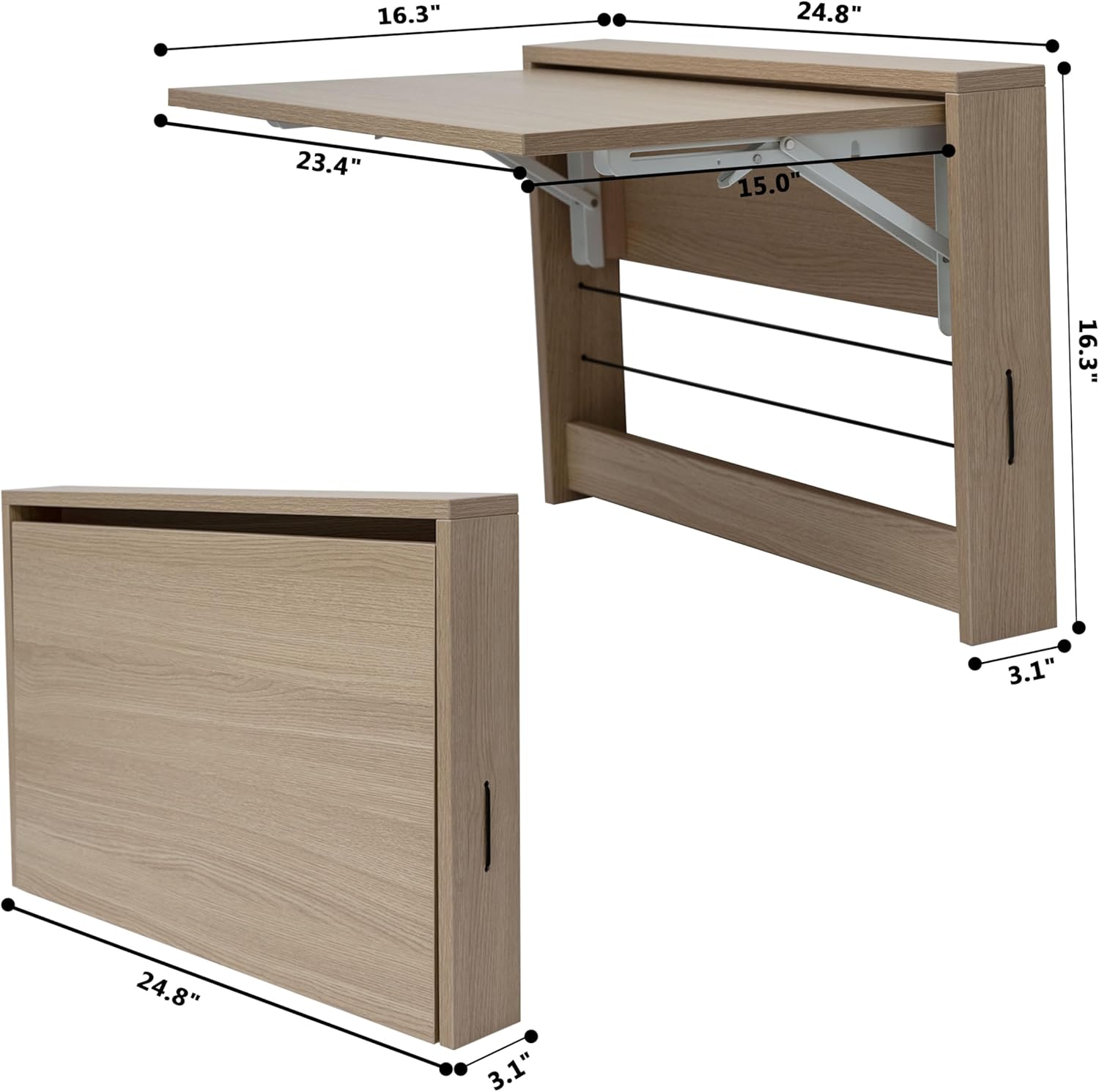 Wall Mounted Folding Table, Floating Wall Desk Fold Down for Small Spaces, Wall Mount Desk for Home Office Computer Workstation,Study Work Bench, Kitchen Dining (24.8 * 16.3inch, Wood Color)