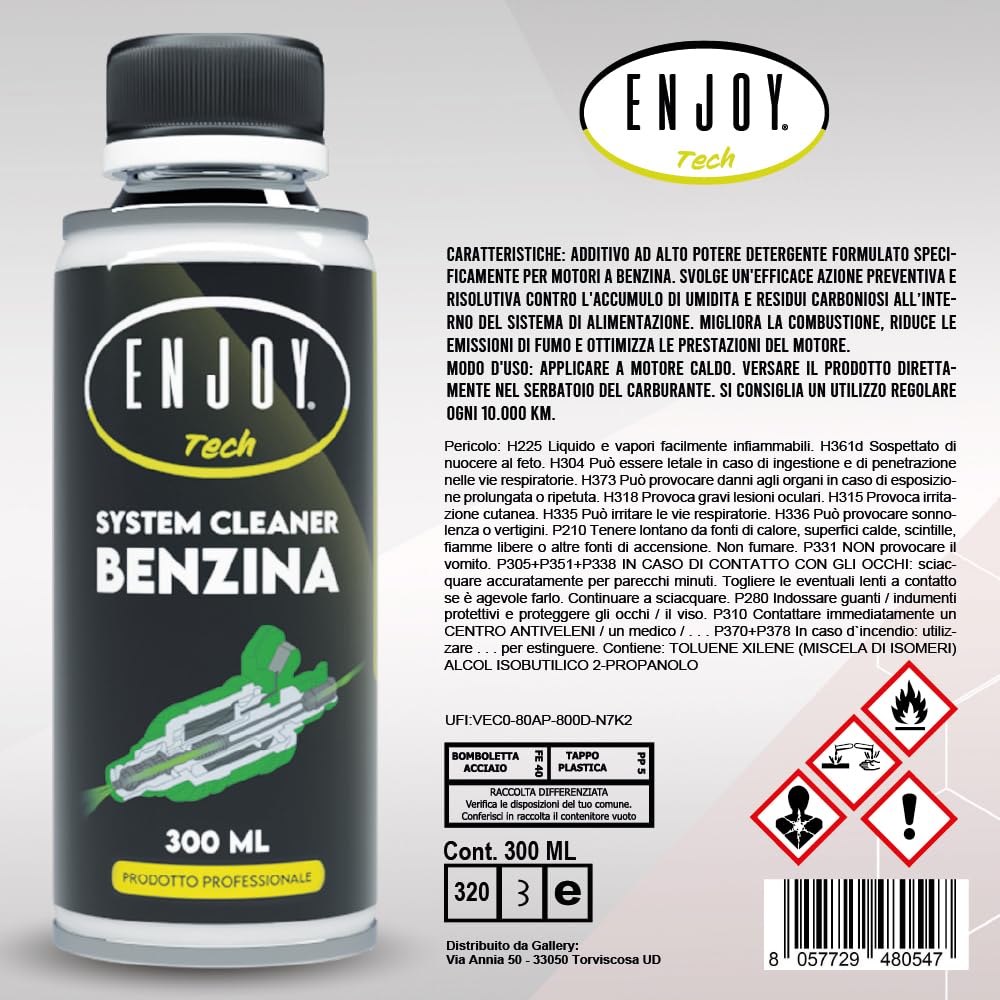 ENJOY TECH System Cleaner Benzina 300 ml | Additivo per Motori Benzina | Pulisce Iniettori, Riduce Consumi e Fumosità e Migliora Avviamento e Prestazioni | Made in Italy
