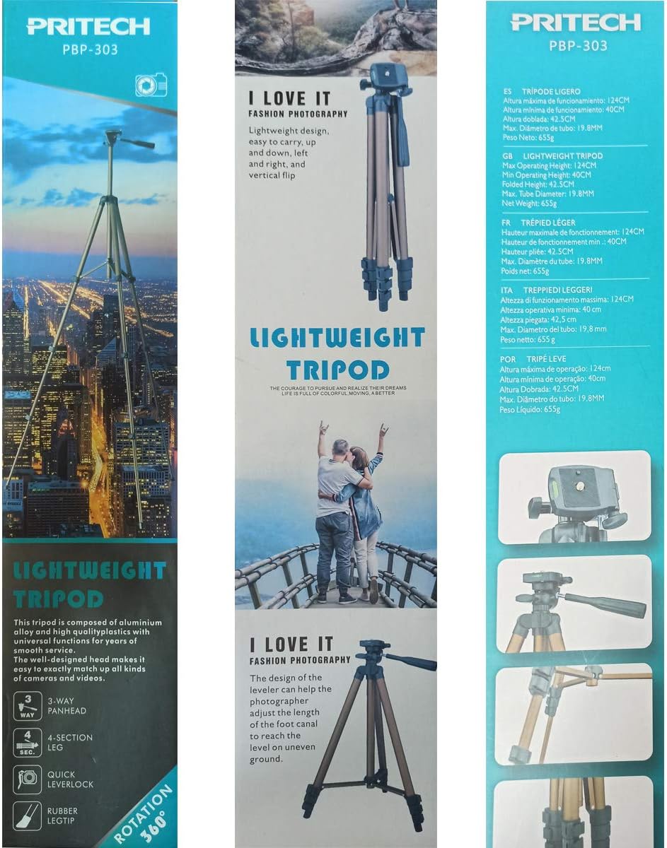 Pritech PBP-303 Tripod with a mobile phone attached, extended to full height.