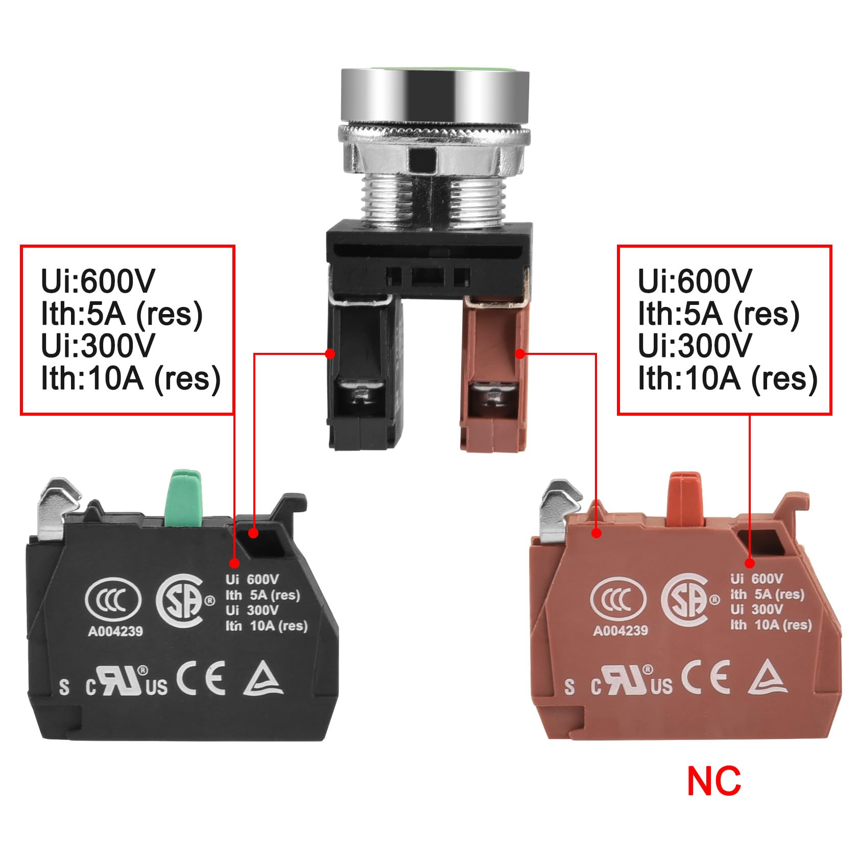 Heschen 2 interruttori a pulsante momentanei da 22 mm, pulsante piatto verde 1 NO + 1 contatti NC, interruttore del pannello di controllo industriale per avviatore scatola di distribuzione, 10A 600V