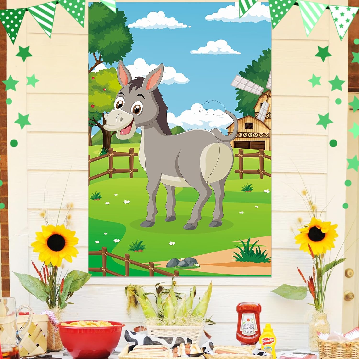Hxezoc Pin The Tail On The Donkey Party Game with 48 Pcs Tails Large Farm Donkey Games Poster for Kids Birthday Party Carnival Party Supplies