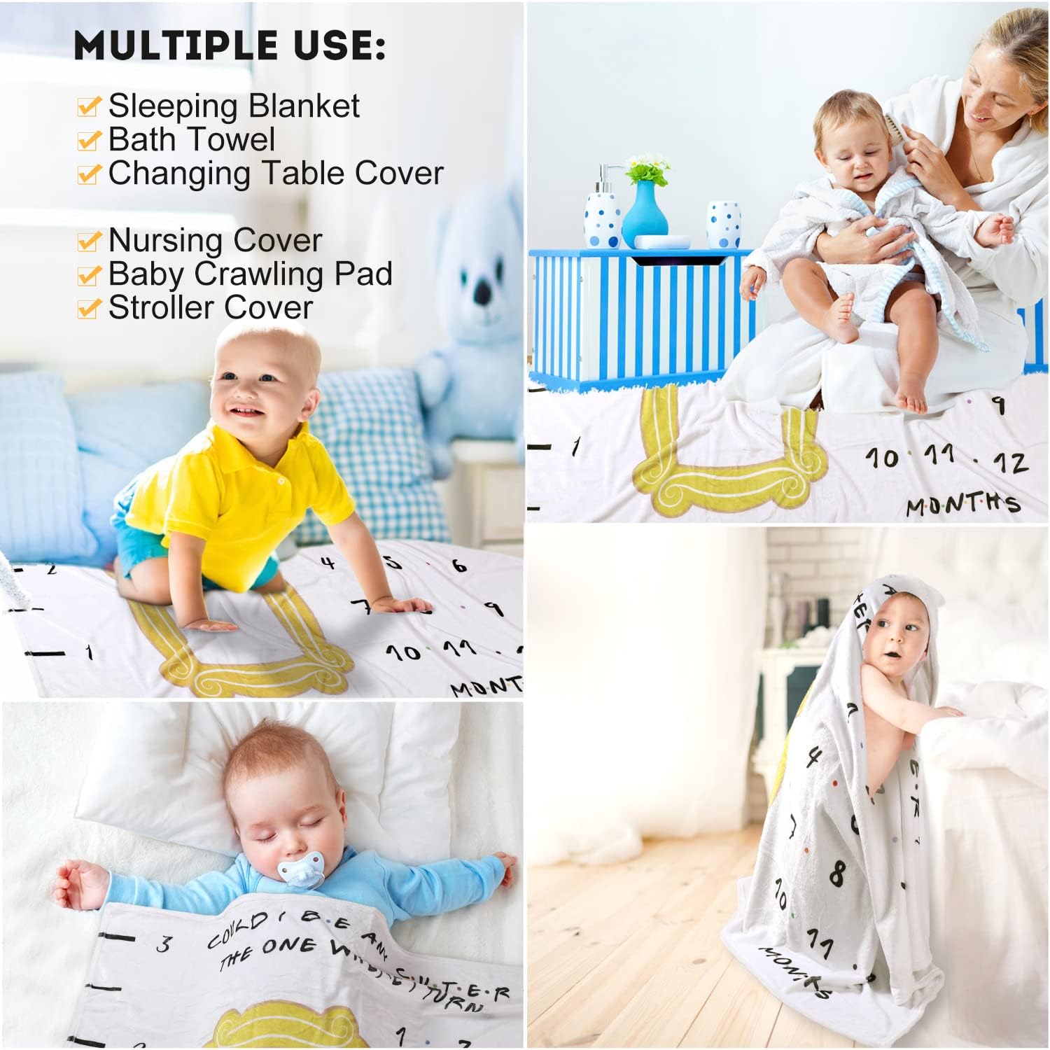 Friends Baby Milestone Blanket, TV Show Merchandise Gift for Baby Shower, Newborn Essentials Photo Props for Age and Growth, Yellow Frame Included, 50'' X 60''