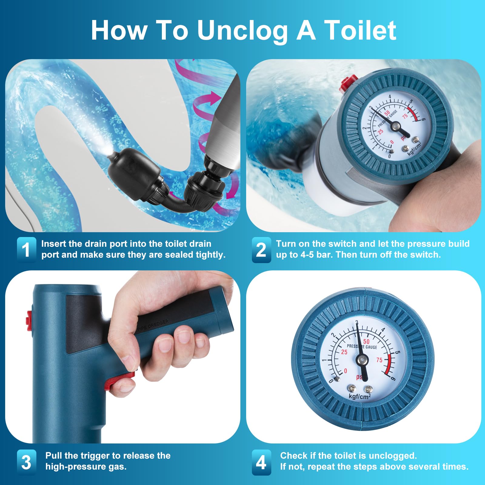 Électrique Déboucheur de Canalisations, Électrique Déboucheur à Ventouse, Air Comprimé Déboucheur de Furet pour Toilette, WC, Lavabo, Douche