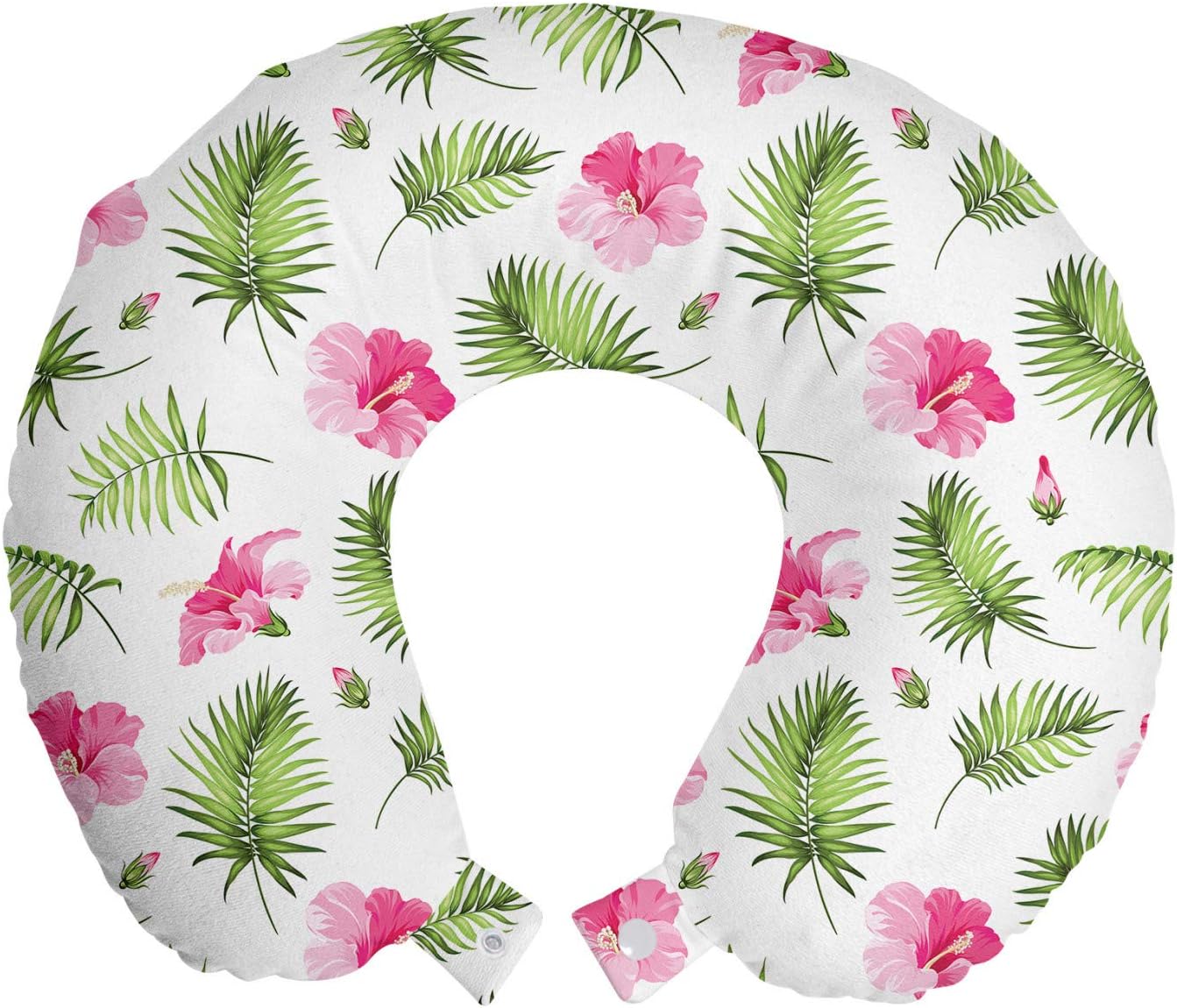 Ambesonne Tropical Travel Pillow Neck Rest, Pink Hibiscus Flowers with Green Palm Foliage Hawaiian Jungle in Summer, Memory Foam Traveling Accessory for Airplane and Car, 12″, Green Pink and White