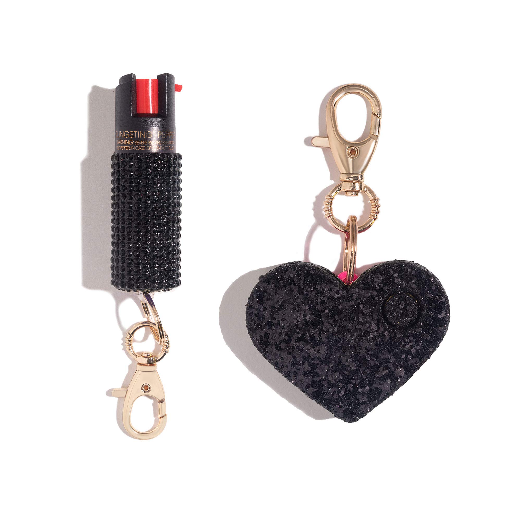 BLINGSTING Self Defense Kit - Professional Grade, Maximum Strength Pepper Spray with UV Marking Dye & Personal Safety Alarm (Black Rhinestone & Black Heart)