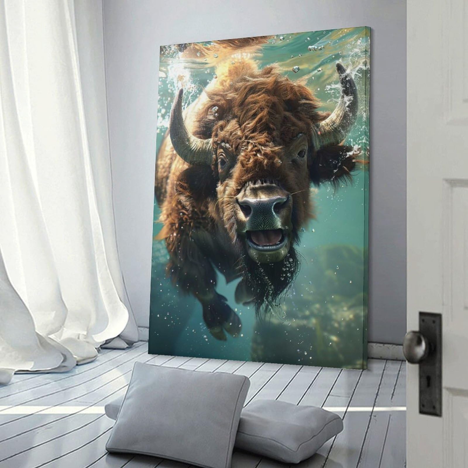 Junmoney Bison Sea Canvas Wall Picture, 24x36inch(60x90cm), for Front Hall, Corridor Or Welcome Spaces, Wall Decor to Refresh Empty Corners