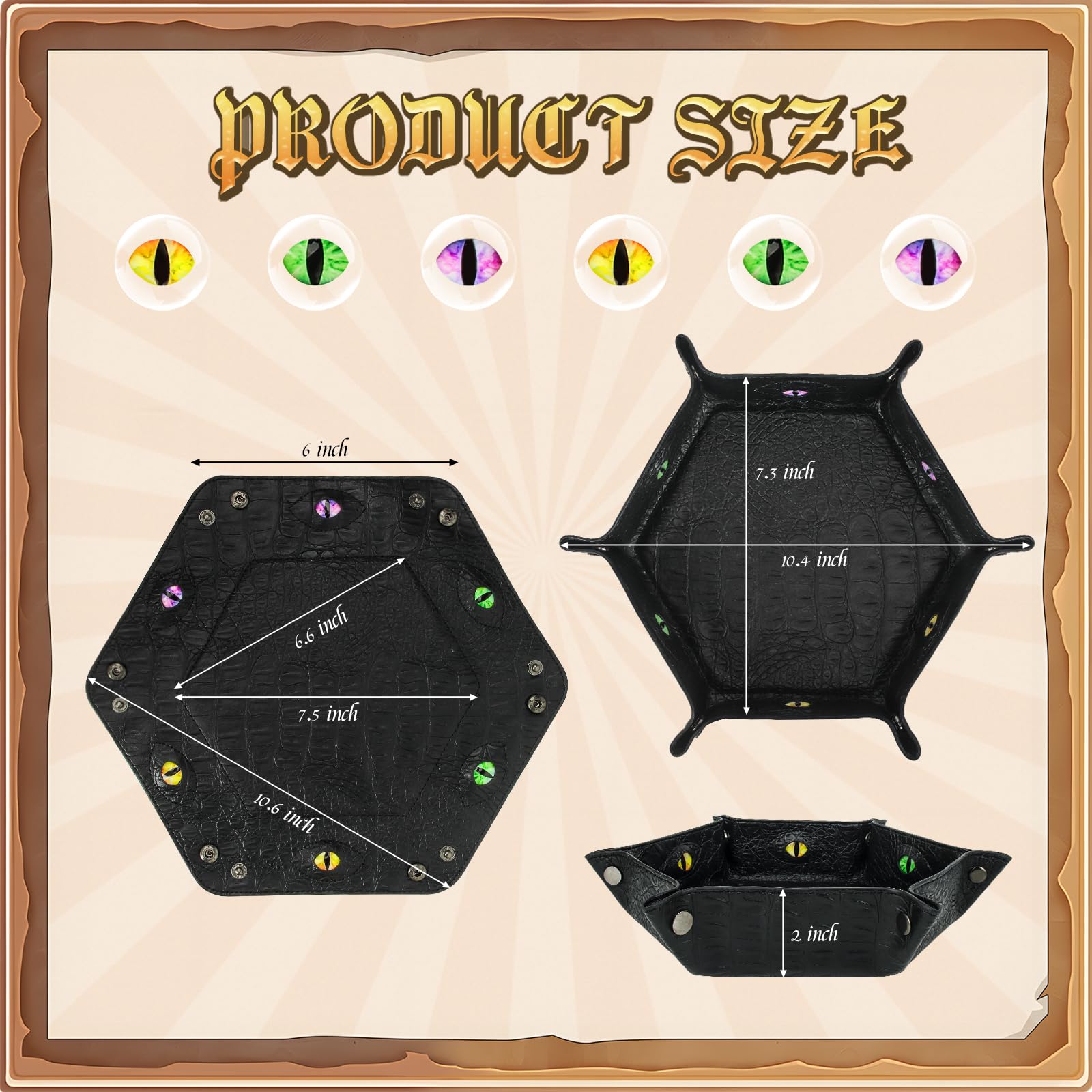 Byhoo 3-częściowy zestaw tacek na kości z krokodylem, składana sześciokątna taca na kości świecące w ciemności, idealna do gier RPG, DND i gier stołowych (czarna, fioletowa, czerwona)