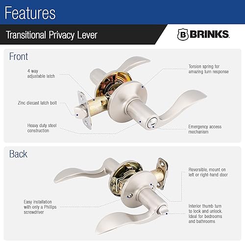 Miniatura 4 de BRINKS Manija de puerta ondulada interior con bloqueo de privacidad de transición, níquel satinado, diseñada para hogares tradicionales y de