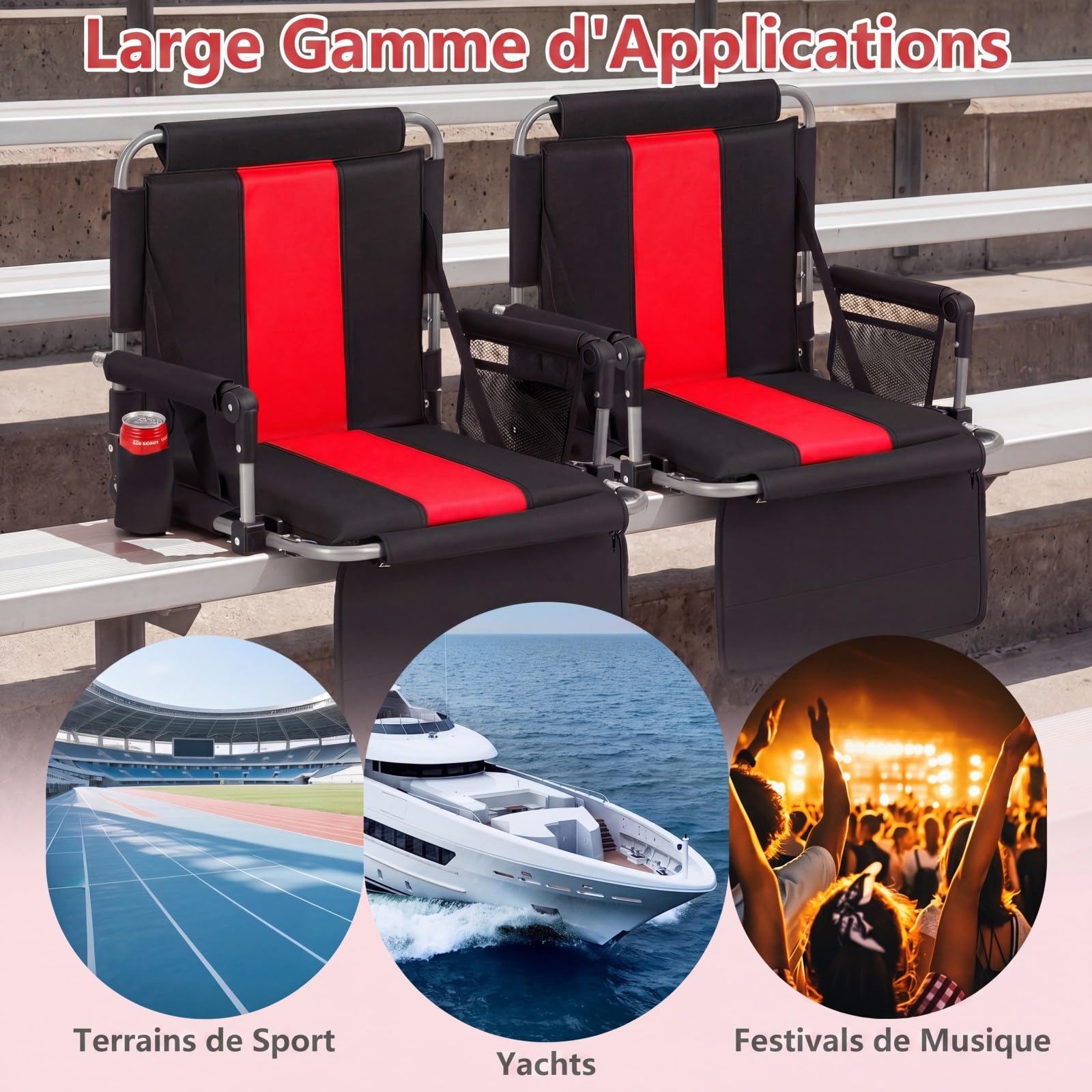 COSTWAY Siège de Stade Pliable, Chaise de Gradin avec Dossier, Porte-gobelet, Poches de Rangement, Coussin de Stade, Crochets, Bandoulière, pour Événements Sportifs Concert, Charge 102 kg (Rouge)