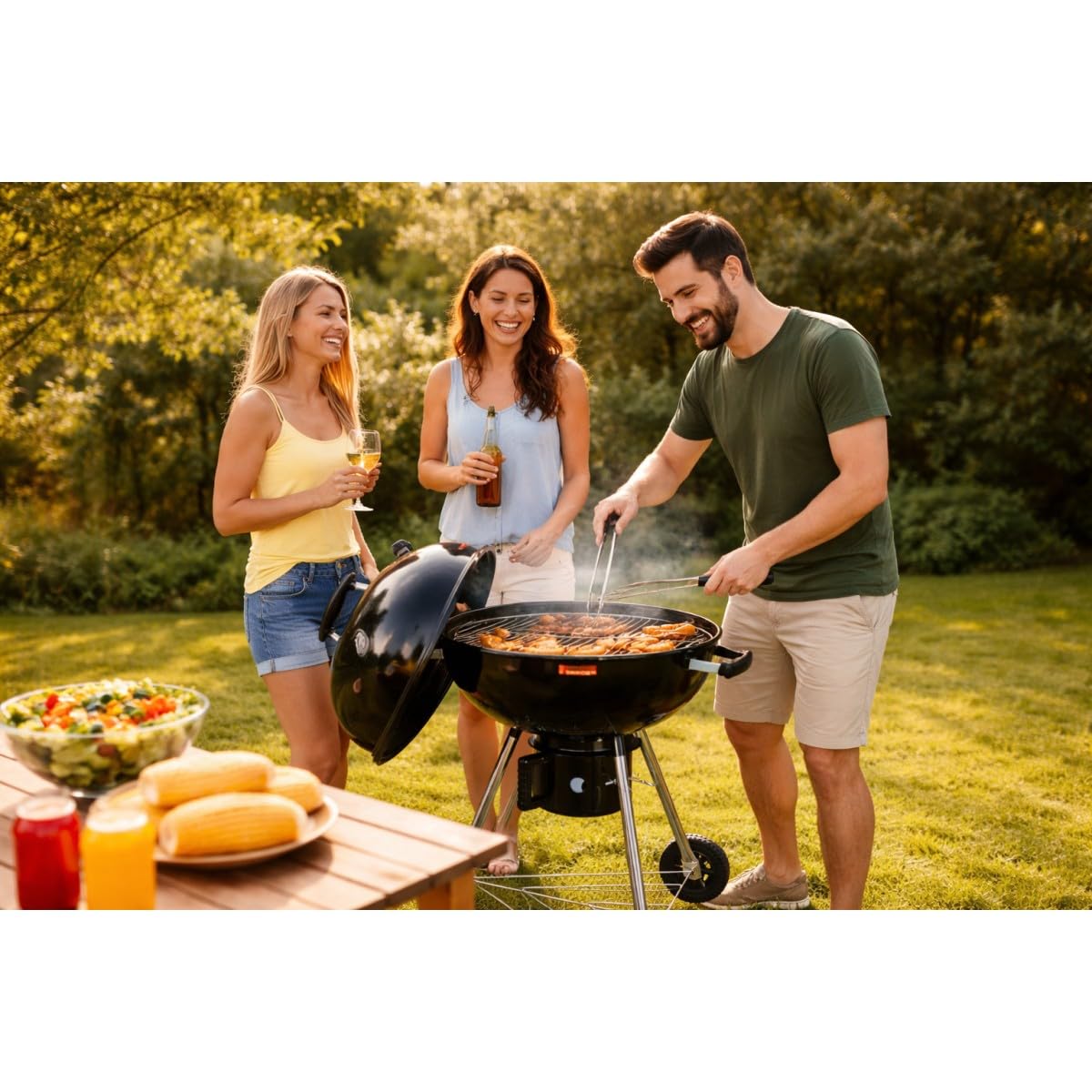 Intec – Barbacoa de carbón de leña con trípode Ø57 cm, rejilla para cocción y tapa, termostato para cenizas, barbacoa, redonda, 2 ruedas, cocina exterior, jardín, terraza