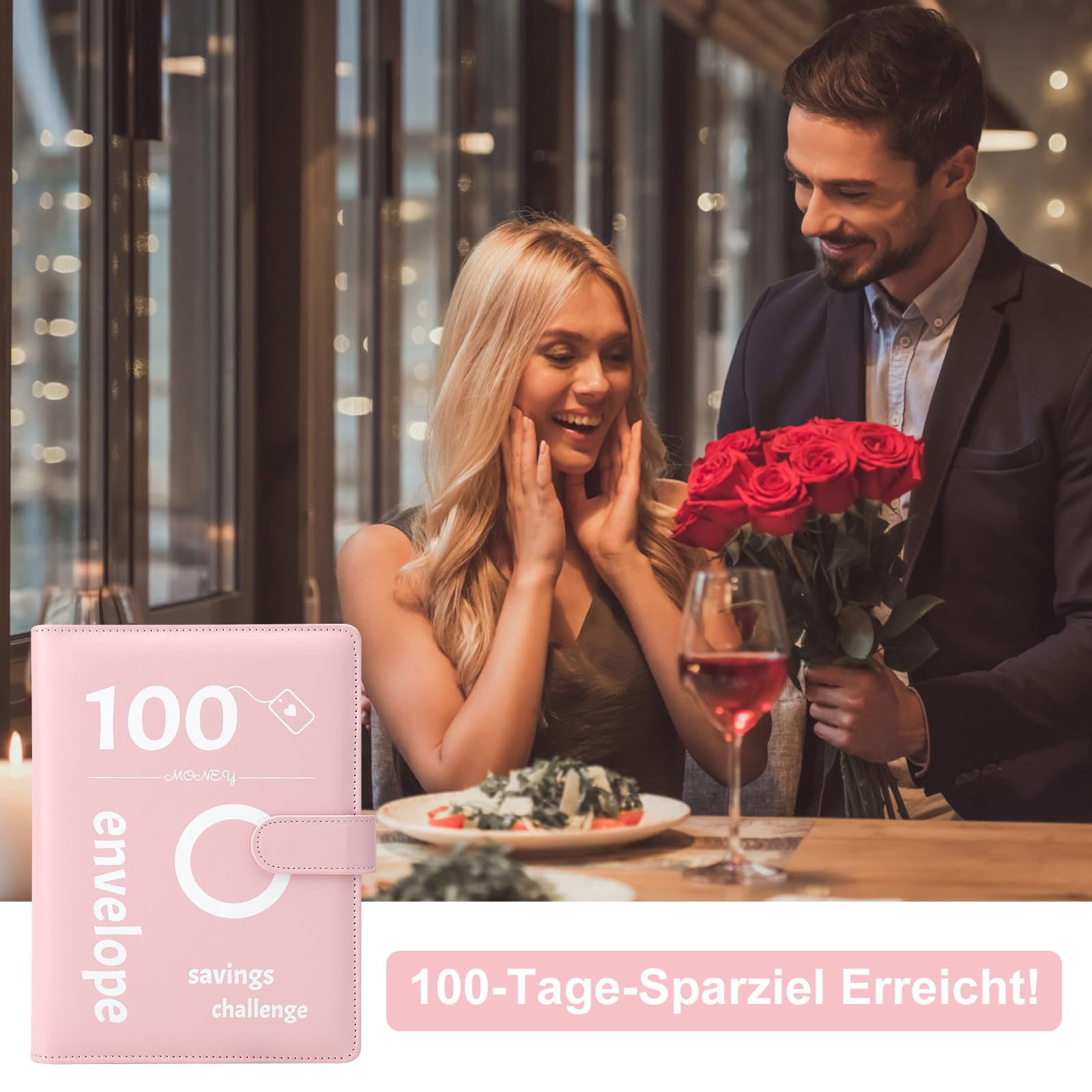 100 segregatorów Envelope Challenge, zabawny segregator do budżetu, do oszczędzania 5,050 €, z kopertami na pieniądze, wyzwanie oszczędnościowe dla planera budżetu (różowe)