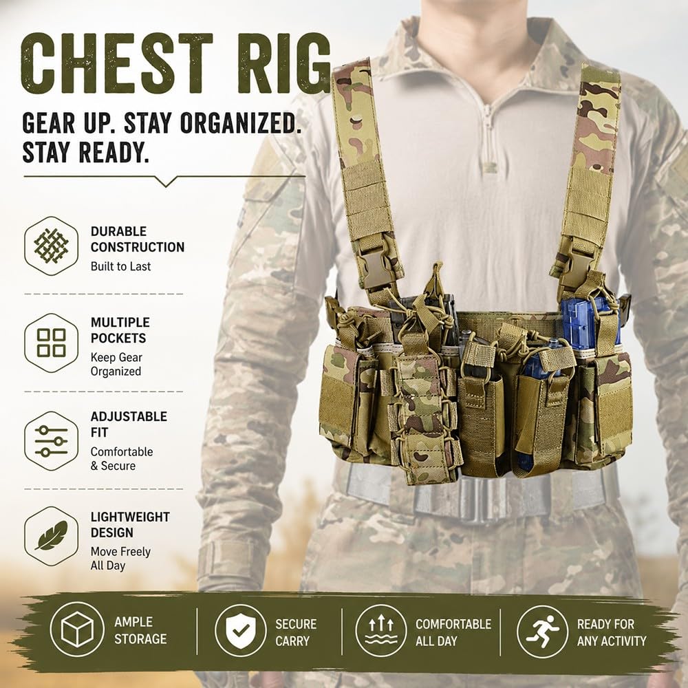 Chaleco Chest Rig Táctico MOLLE Hombre Mujer, Bolsa De Pecho Con Arnés Ajustable Y Bolsillos Para Cargadores Airsoft Caza Paintball Senderismo Camping Y Actividades Outdoor