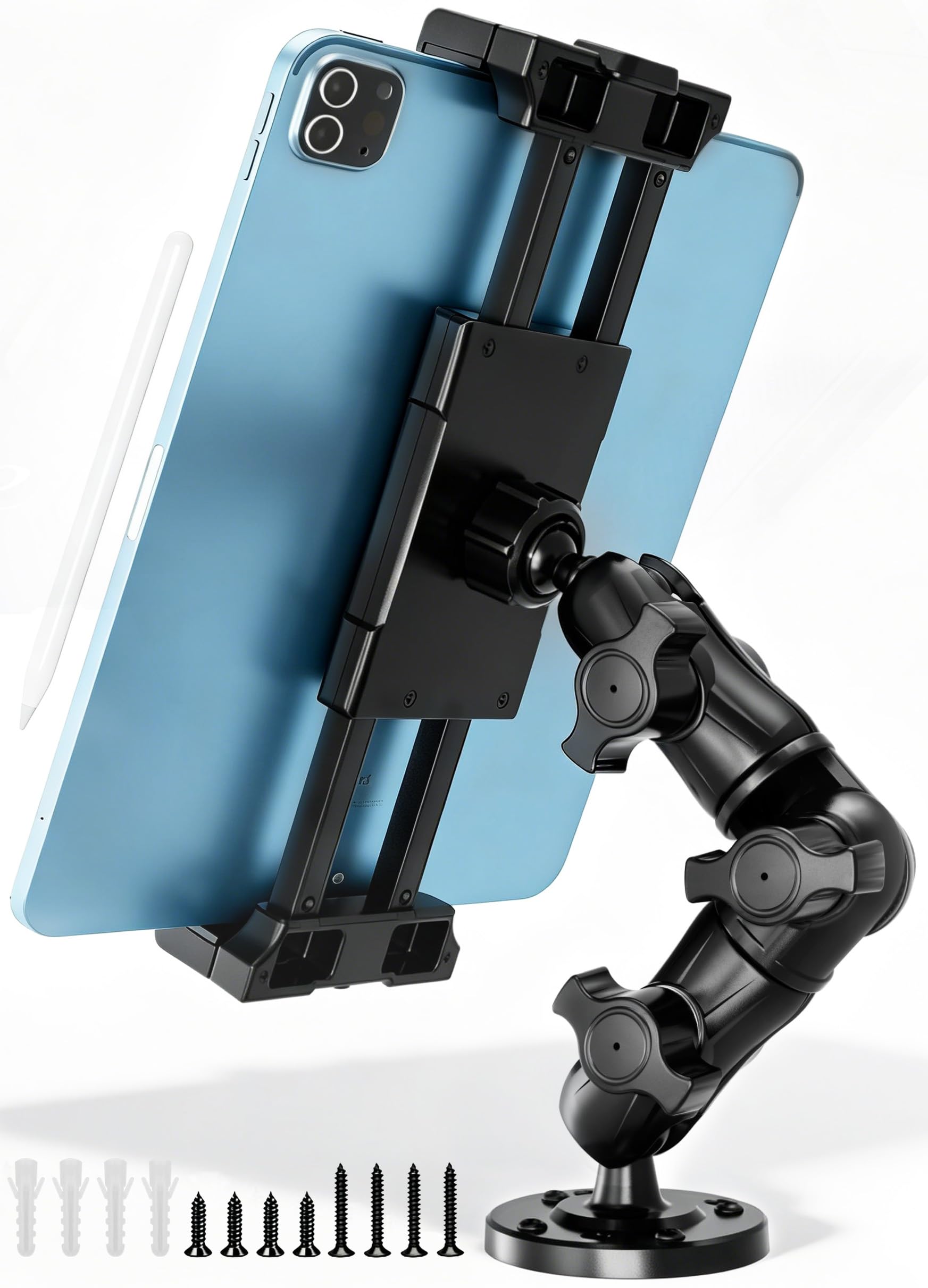 OHLPRO Heavy Duty Drill Base Tablet Mount for Truck Dashboard - Permanent Screw Down iPad Car Holder for Semi Trucks, Vans & Commercial Vehicles, Fits 5-17 Inch Devices, 360° Rotating Adjustable Arm