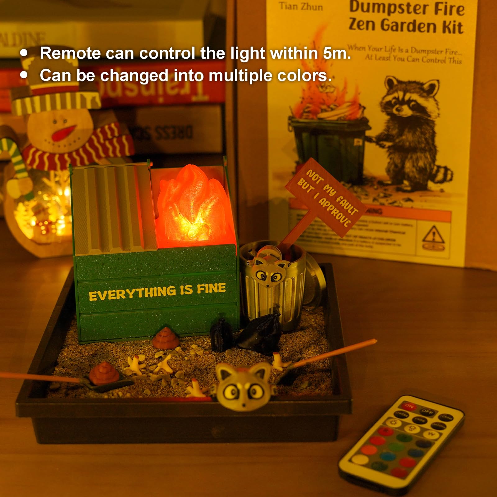 Tian Zhun Dumpster Fire Zen Garden per scrivania LED Mini Zen Garden Divertente vassoio di sabbia Kit terapia regalo ufficio elefante bianco regali bavaglio per colleghi di lavoro uomini capo adulti