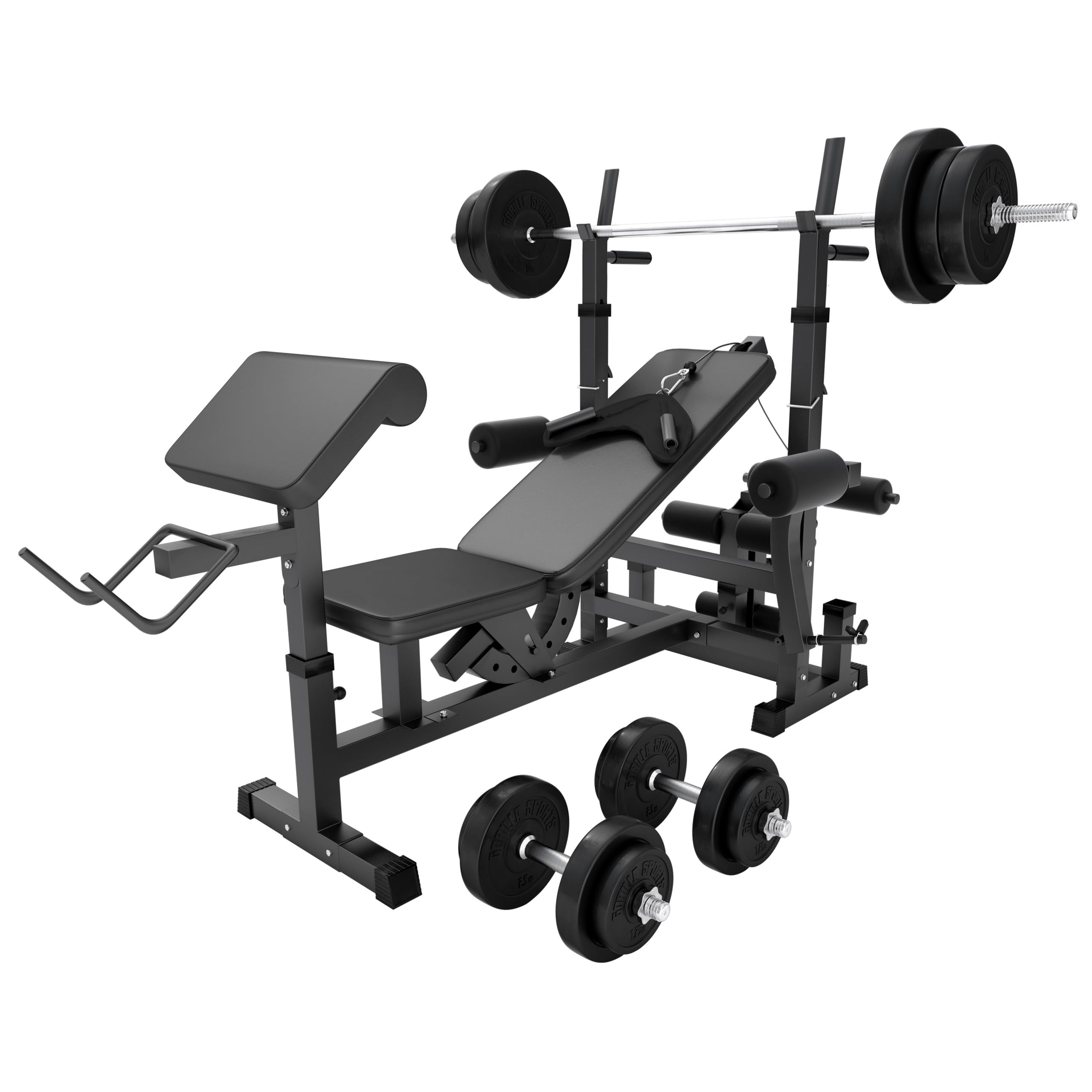 GORILLA SPORTS® Banco de Pesas con Pesas | Barra de Pesas de 170 cm, Juego de Pesas de 40/70/100 kg, Curler de Piernas, Mariposa, Estación de Inmersión