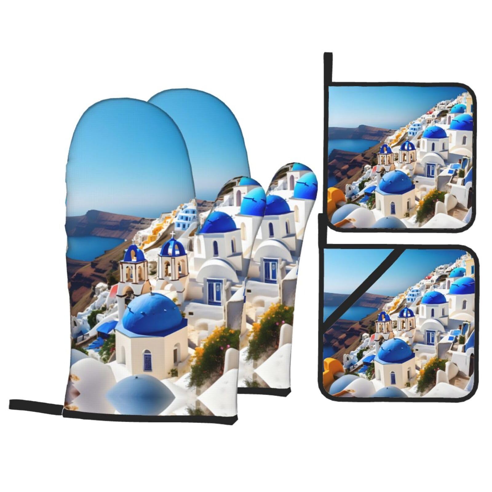 Nimongt Black Santorini Greek Island Sea View Print Heat-Resistant 4-Piece Oven Kitchen Gloves For Baking Cooking Microwaving Essentials