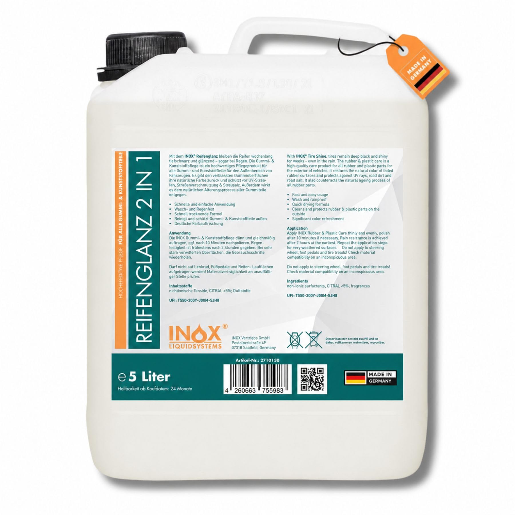 INOX® Reifenglanz - 5L Soin pour pneus et plastiques de voiture & soin pour caoutchouc pour l'extérieur - Noir - Entretien pour pneus et brillance - Entretien et nettoyant pour pneus de voiture - Noir
