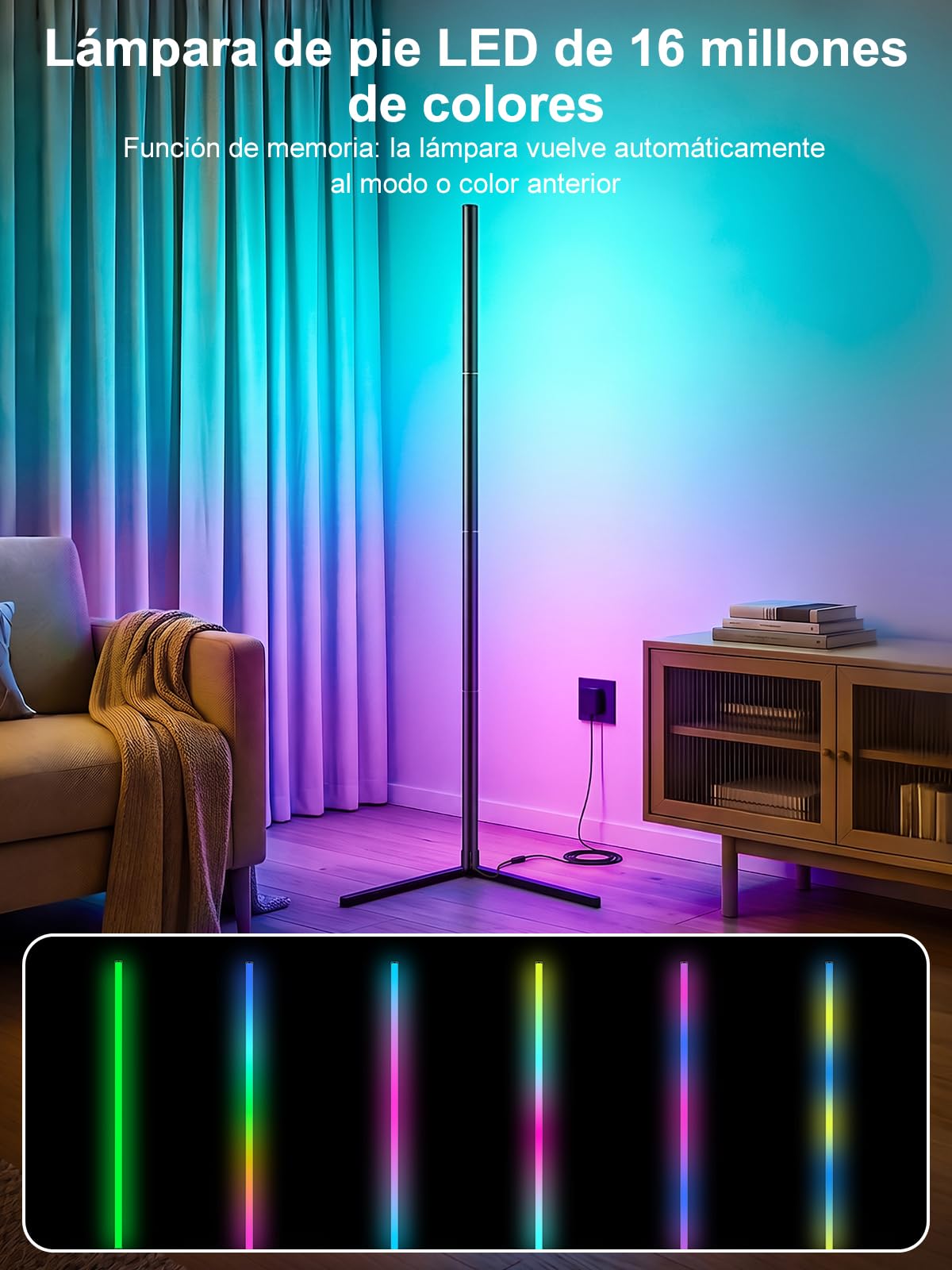 riyo Lámpara de Pie LED RGBIC, 146cm, 2400LM, 168 LEDs, Regulable 2800K-6500K, Sincronización de Música, Smart APP, para Salón, Gaming y Dormitorio,Negro