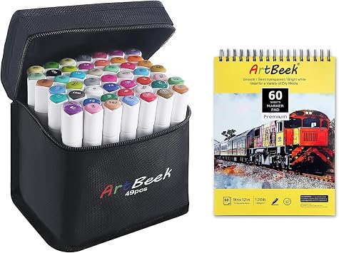 ArtBeek Alcohol Markers Brush Tip, 48 Coloring Markers Marker Paper Pad, 9"x12" Alcohol Marker Paper