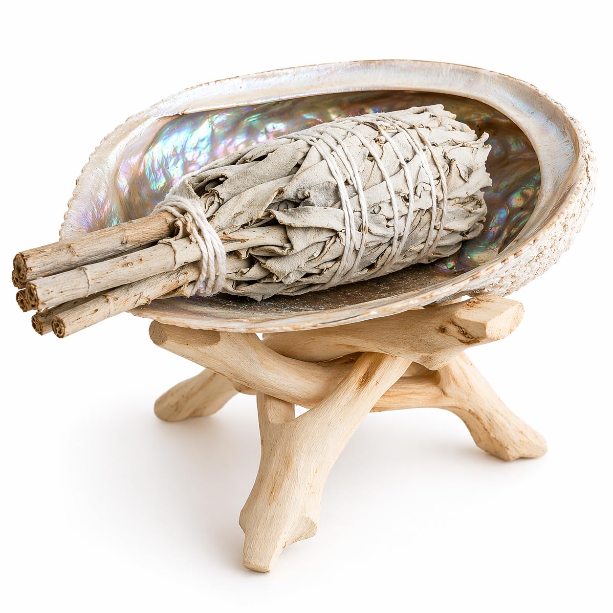 The Smudge Stick Shop Natural Smudge Stick Kit With White Sage Wand (10Cm), Abalone Shell & Wooden Tripod Stand – Complete Sage Cleansing Set For Energy Clearing, Meditation & Home Rituals
