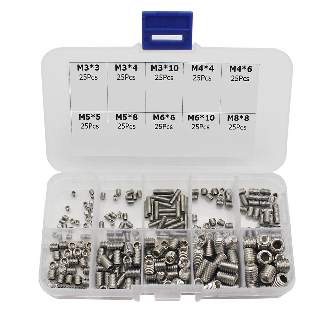 Raogoodcx250Pcs M3 4 5 6 8 Hex Allen Head Socket Set Grub Screw Assortment kit 304 Stainless Steel
