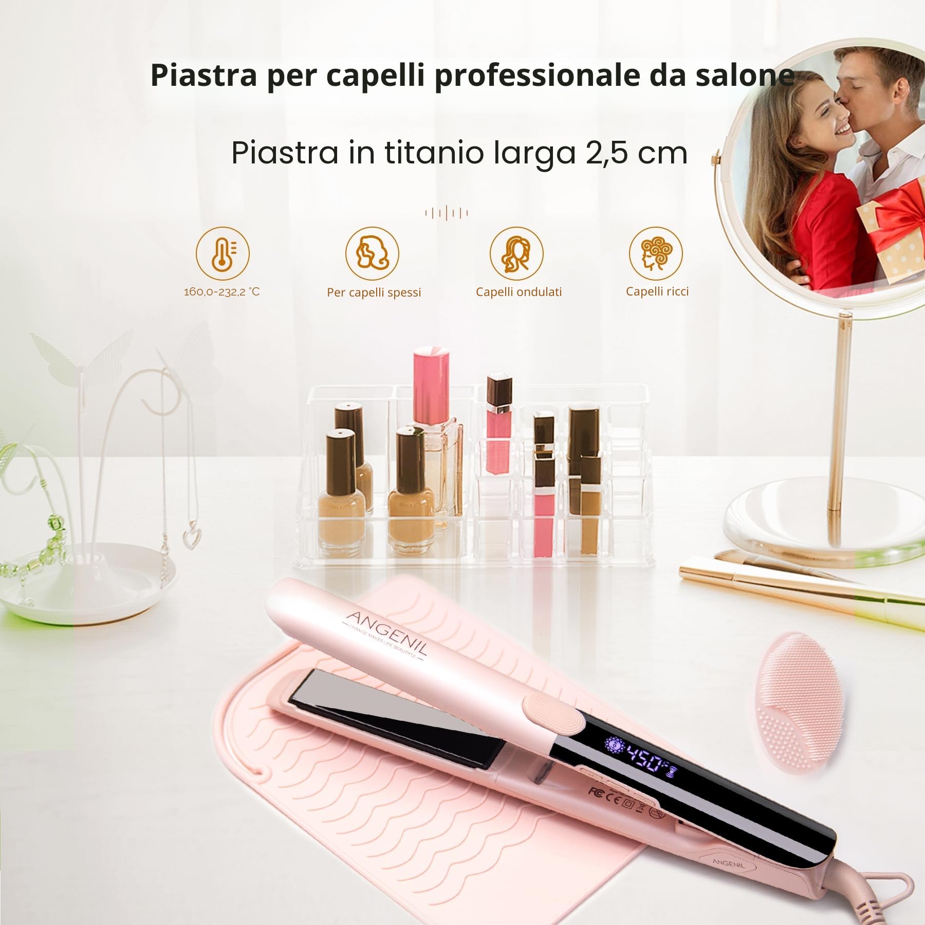 ANGENIL Piastra per Capelli Pro Titanium, Piastra per Capelli a Doppio Voltaggio e Ferro Arricciacapelli 2 in 1,