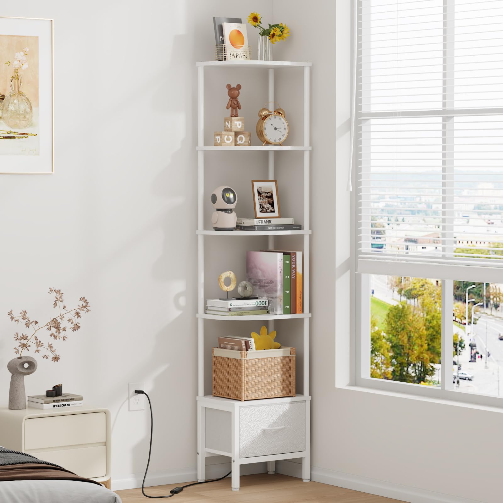 Étagère d'angle 5 Niveaux avec LED et tiroir, Blanc | LED pilotable par APP, montage facile, gain de place, 27×37 cm, étagère étroite, rangement & présentation