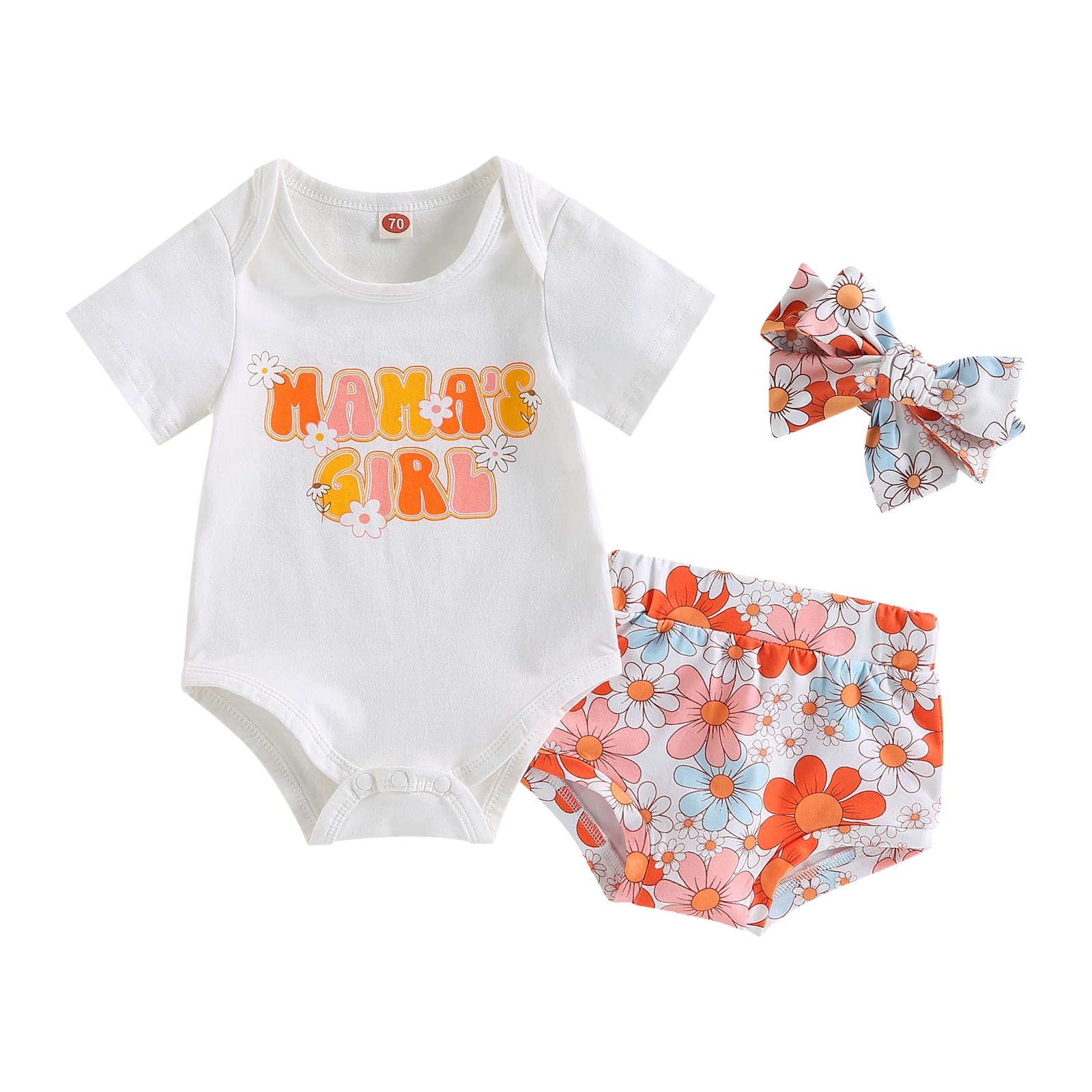 Infant Girls Outfits Summer Letter Print Short Sleeve T-Shirt and Cow Head Print Shorts Headband Set