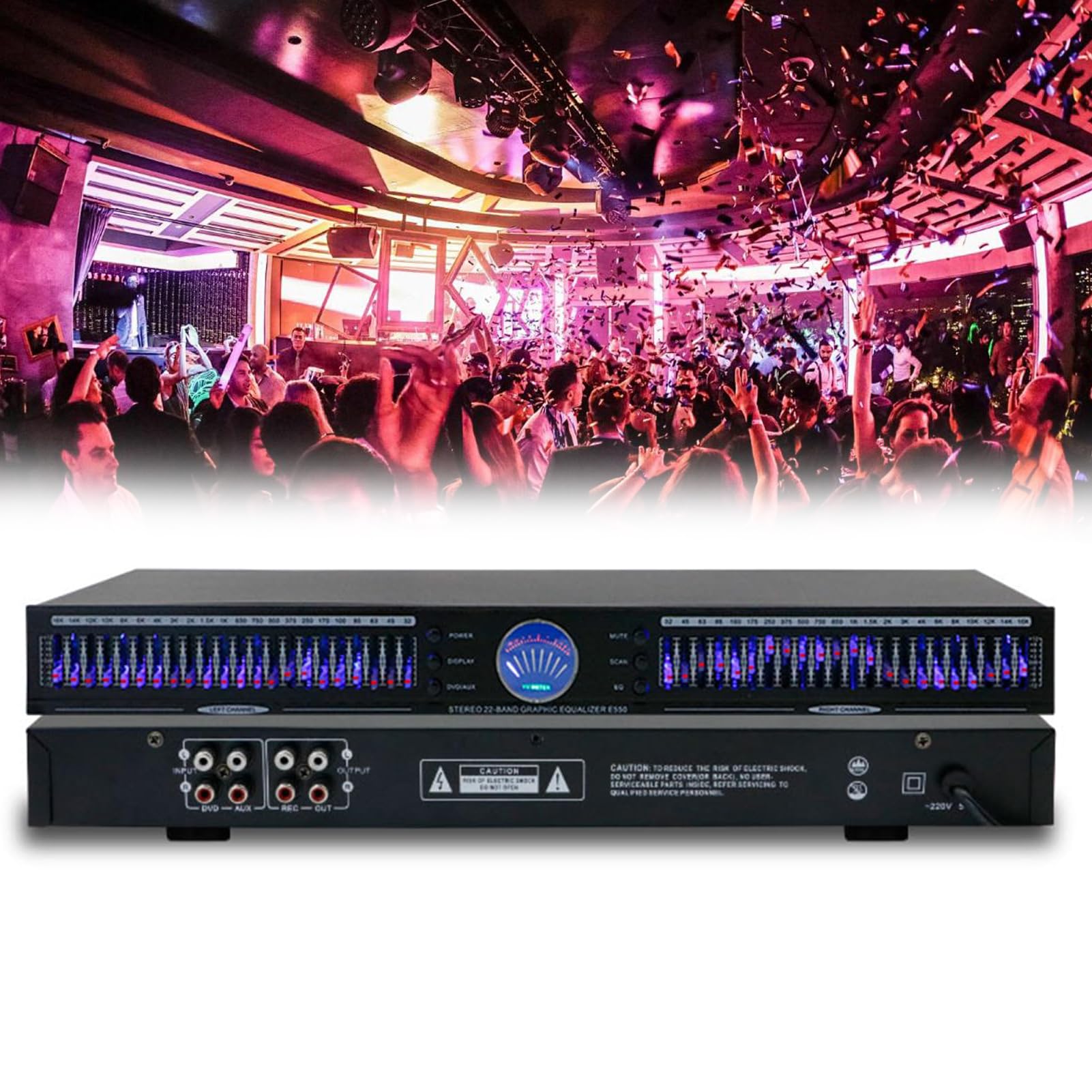 Equalizzatore audio a 22 bande EQ grafico stereo digitale a doppio canale 1U montaggio a rack con 10 preset, regolazione bassa/media/alta, riduzione del rumore per la sintonizzazione HI-FI domestica