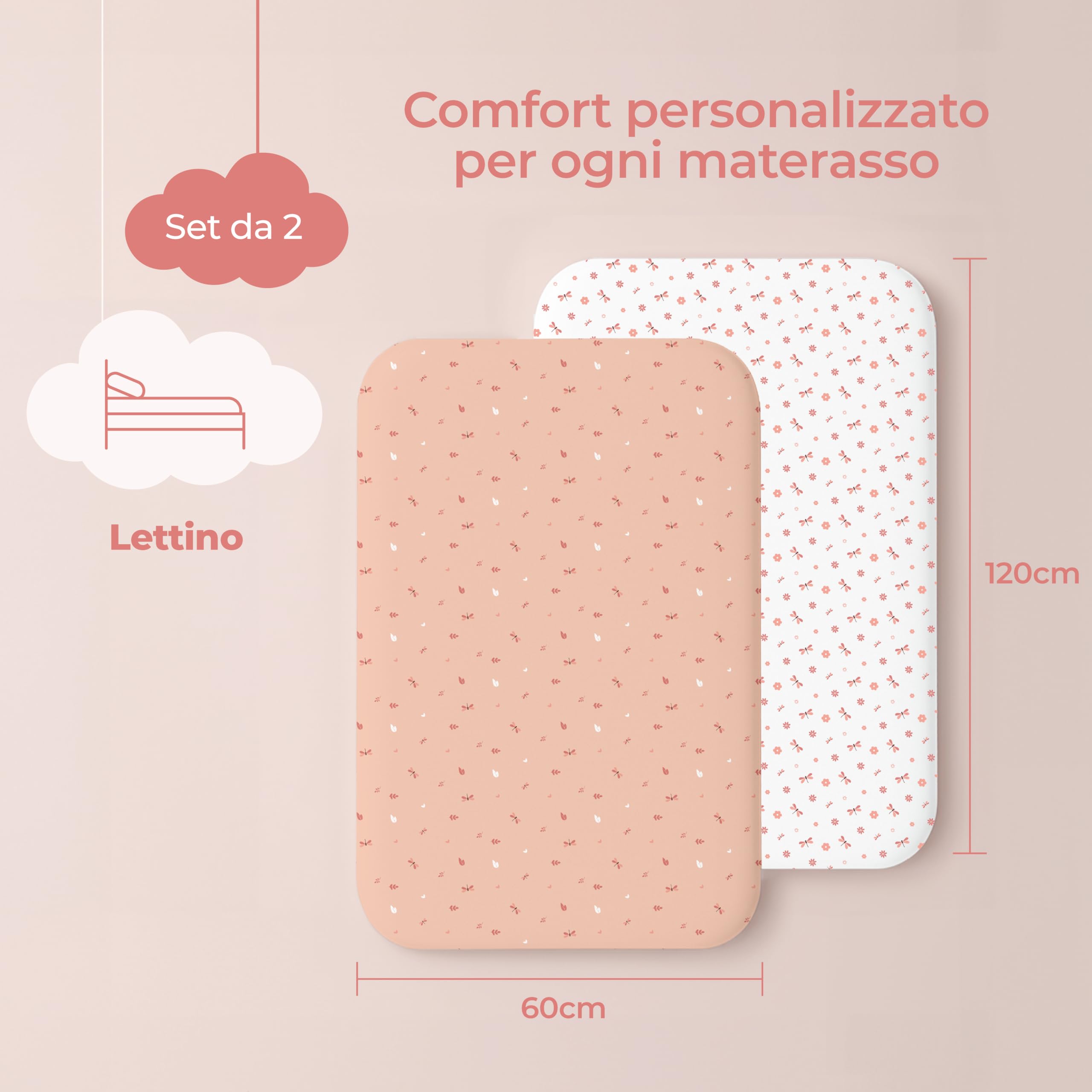 Dreamzie Set 2 Lenzuola Lettino Neonato 60x120 Cotone - Lenzuolo Con Angoli, Oeko-Tex Certificato - Lenzuola Culla Lettino 60x120 - Libellule Rosa/Bianco