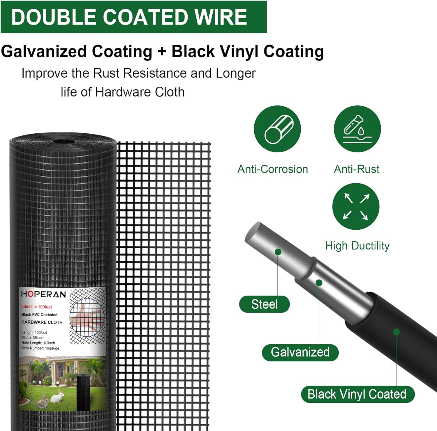 HOPERAN Black Hardware Cloth 1/2 inch 36 x 100 Ft Mesh 18 Ga PVC Coated Chicken Wire Mesh - Vinyl + Galvanized Double Coated Fence - Welded Wire Mesh Roll for Chicken Coop Fencing Garden Fencing