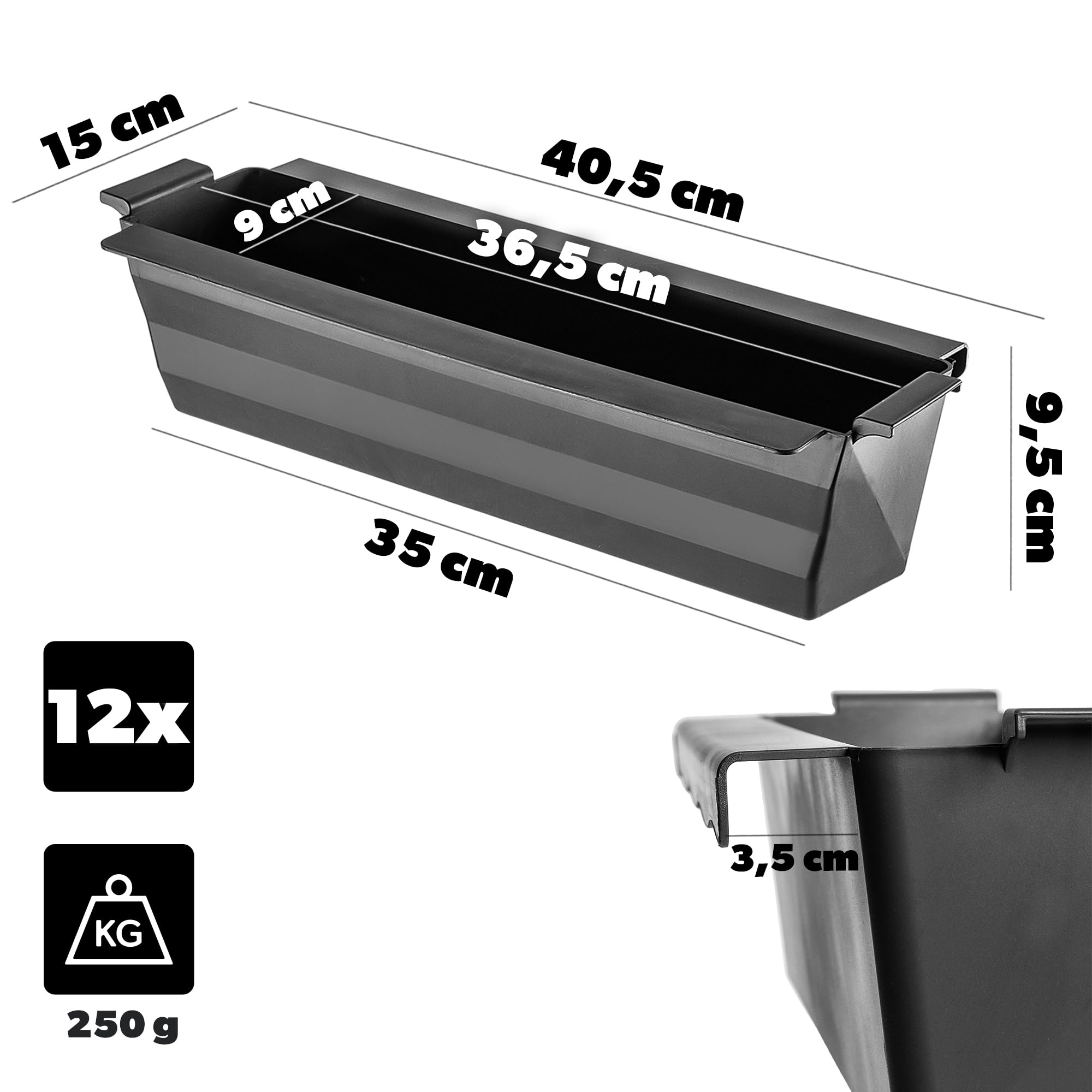 KADAX Set de 12 jardineras para paletas con sistema de suspensión, 37x9 cm Negro, para plantar y decorar como macetero de balcón, maceta para paleta europea, inserto de maceta y maceta decorativa en