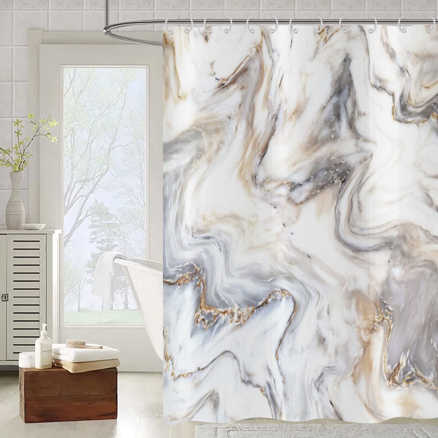 ASDCXZ Shower Curtain Marble 180x240 cm, Modern Abstract Grey Gold White Brown Marble Texture Washable Fabric Shower Curtains Polyester Textile Waterproof Shower Curtain for Bathtub with 12 Hooks — image 1