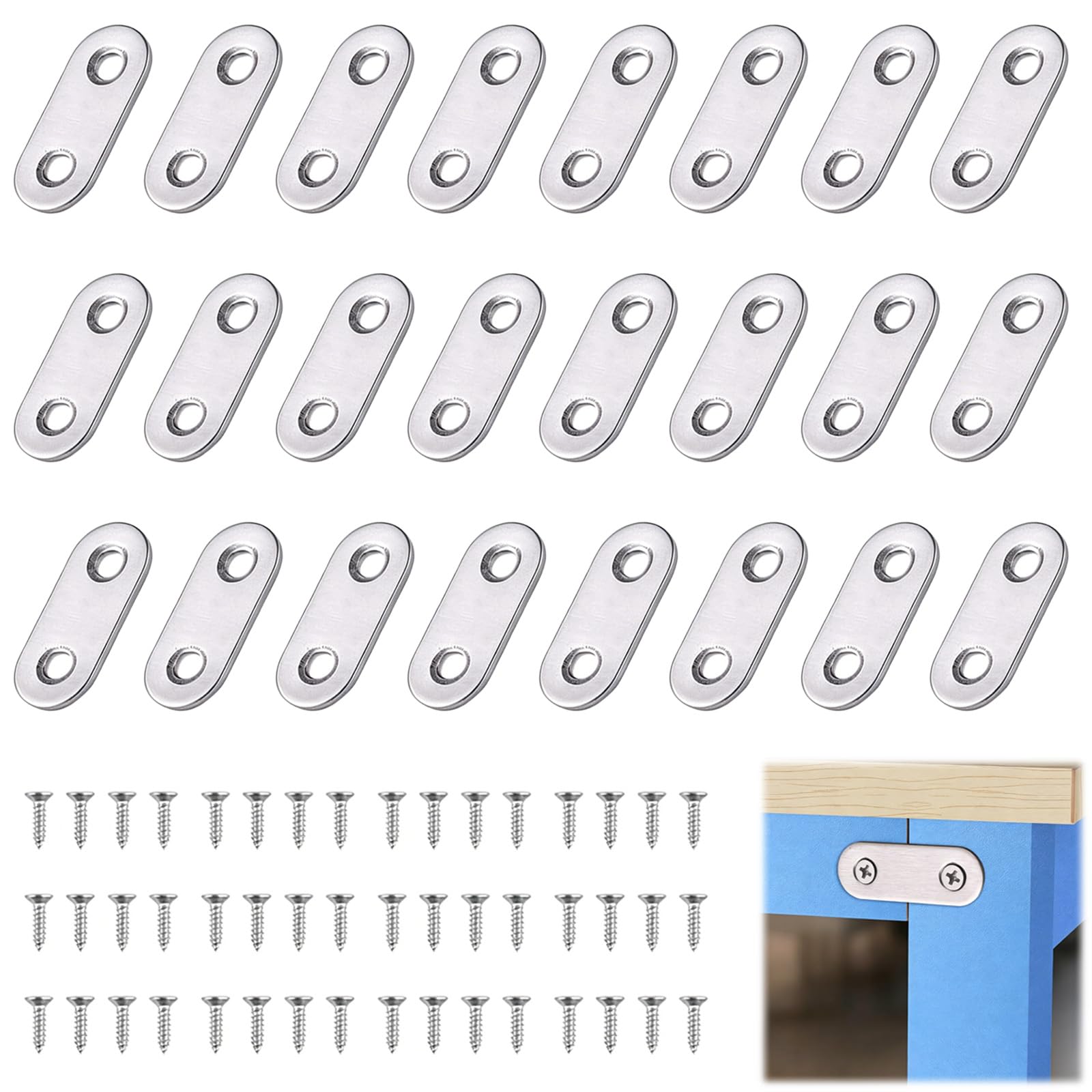 24 PCS Flat Fixing Brackets with Screws, Stainless Steel Double Hole Straight Brace Brackets 36x16mm, Mending Plates Connecting Plates for Furniture Shelves Cabinets Woodworking Home DIY Repair