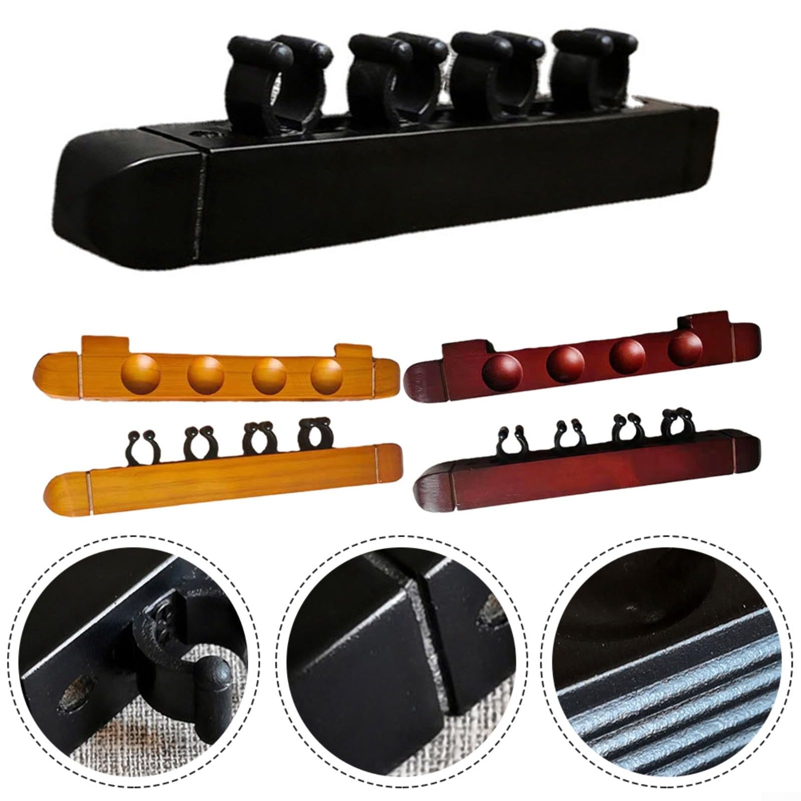 1 par de soportes para tacos de billar, soporte de pared para colgar en la pared, 4 ranuras, soporte de madera para billar, accesorios para escuelas, hogar, clubes, negro, rojo, amarillo