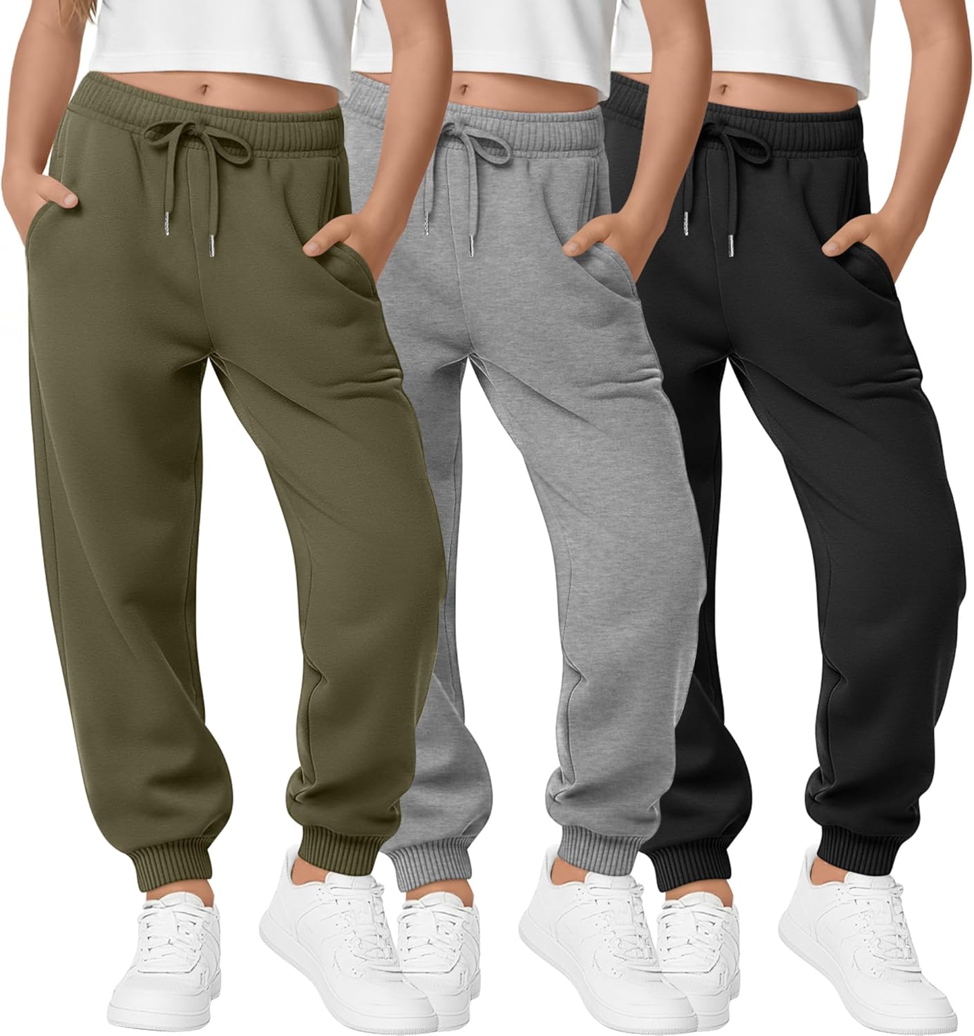 3 Pack Girls Sweatpants Joggers Baggy Ribbed Cuff Elastic Waist Drawstring for Kids Casual Teen Pants with Pockets
