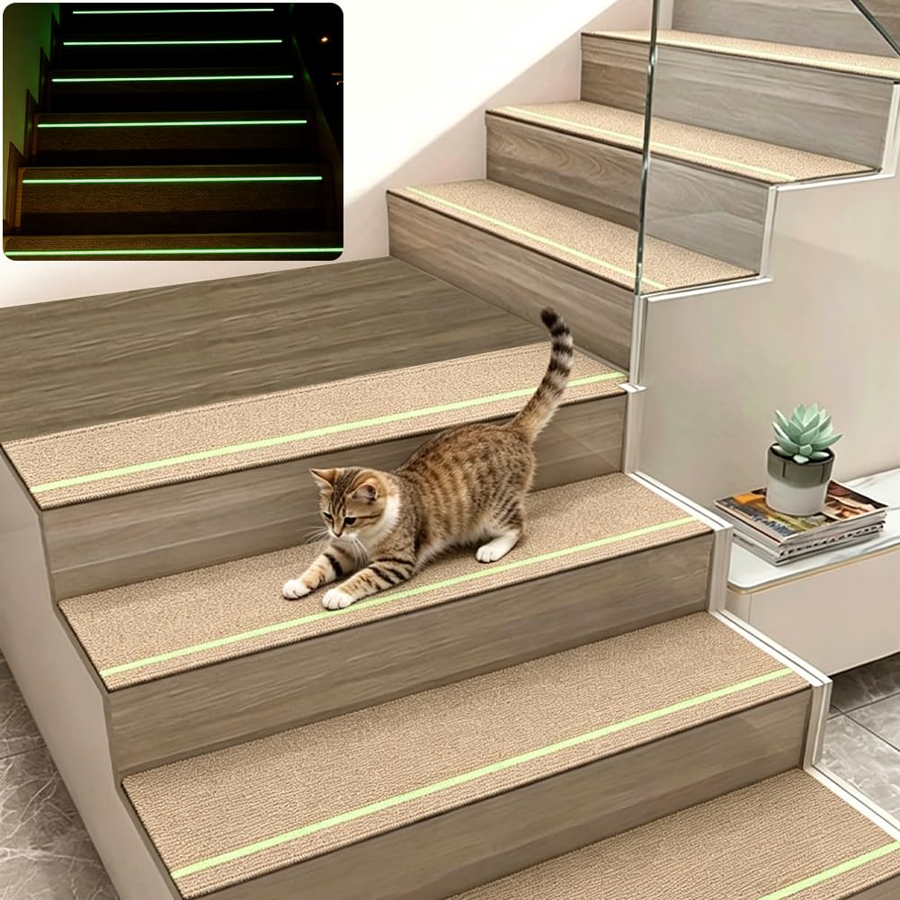 FARYODI 15 Stück Treppenmatten mit Glow in Dark Streifen, Treppenmatten Selbstklebend für Holztreppen, 100% Polyester TPE Rückseite Treppenteppich für Kinder, Ältere und Haustiere, 76 x 20cm (Beige)