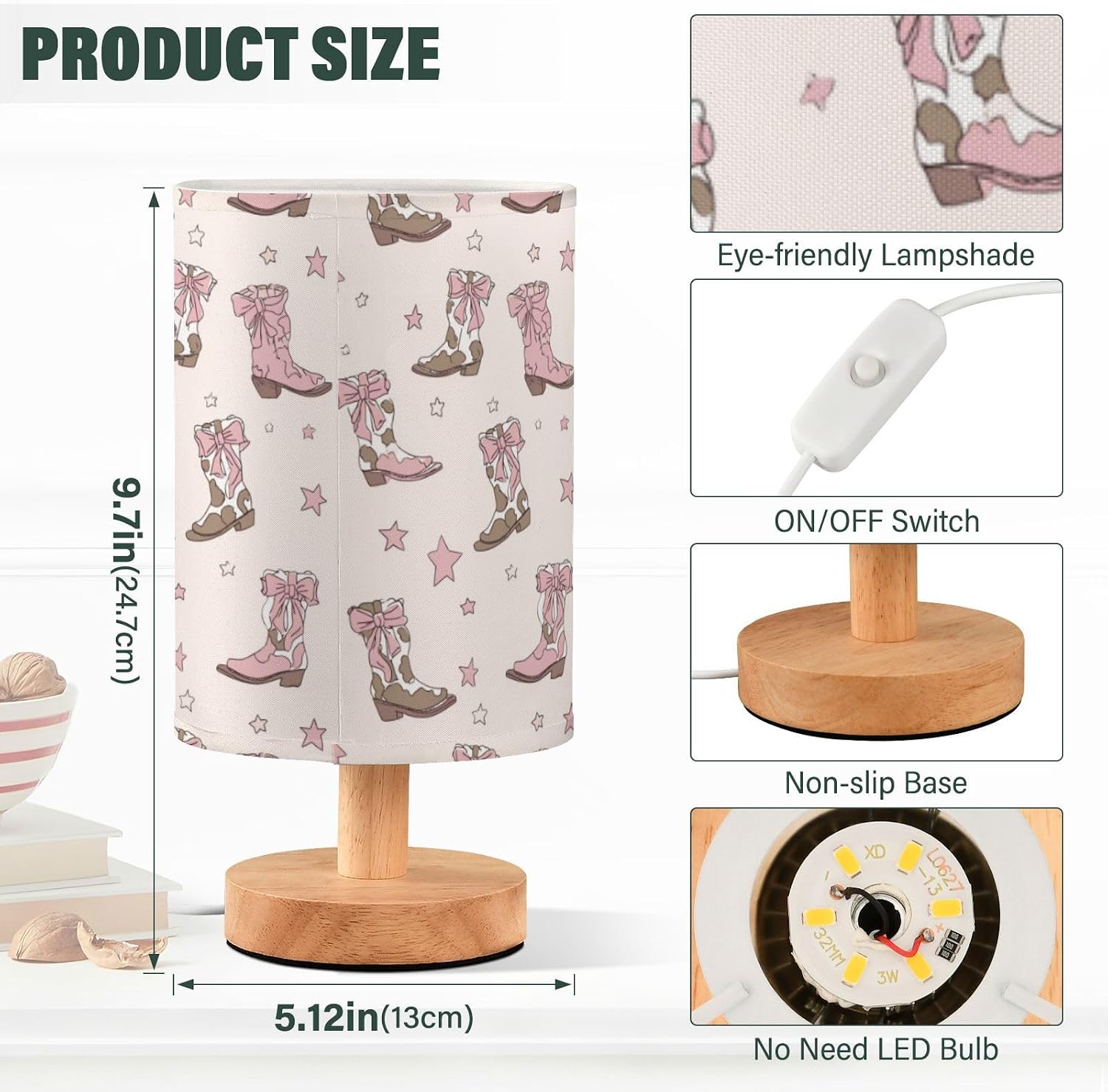 Wusikd Coquette Bows Table Lamp Cowgirl Boots LED Desk Light USB Nightstand Lamp with Non Slip Wood Base & Eye-Friendily Lampshade for Living Room Bedroom Dorm Home Office Desk Decor
