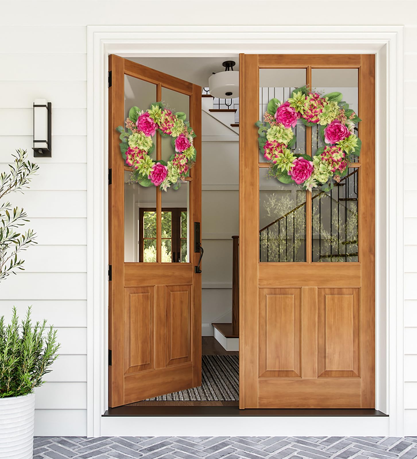 Kranz Künstlich 50 cm Blumenkranz Künstliche Pfingstrosen Hortensie Kunstblumen Hängend Türkranz Sommer Türdeko Haustür Wand Deko im Wohnzimmer Schlafzimmer Esszimmer Badezimmer Küche Büro