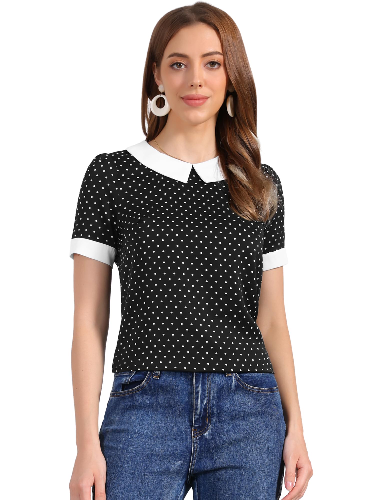 Allegra K Women's Peter Pan Collar Shirt Vintage 1950s Polka Dots Blouse: Large Black White