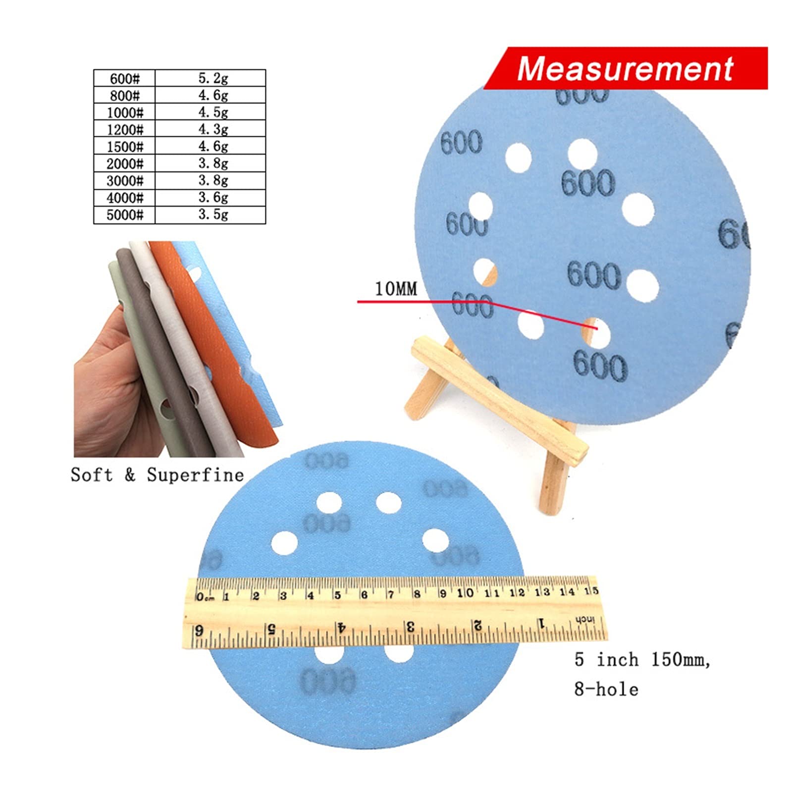 Papel de lija de pulido de metales de madera 15pcs 5 pulgadas de 8 orificios FV FV Superfina papel de lija impermeable suave 600 a 5000 arena gruesa, utilizada para el pulido de pintura de automóviles