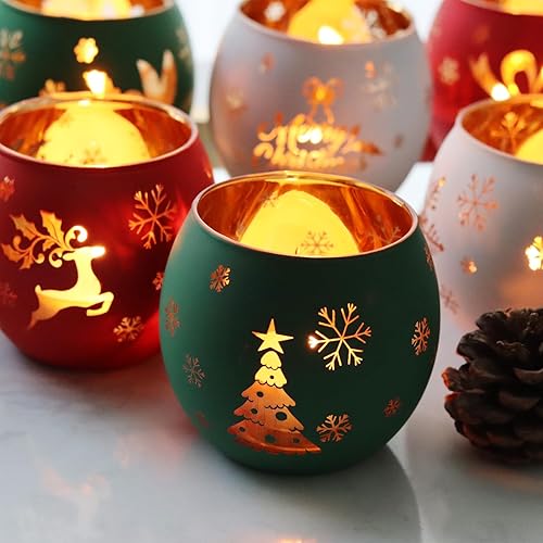 Miniatura 2 de Juego de 6 portavelas votivas de Navidad, portavelas de cristal rojo, verde y blanco con 6 patrones de grabado láser para decoración de mesa de