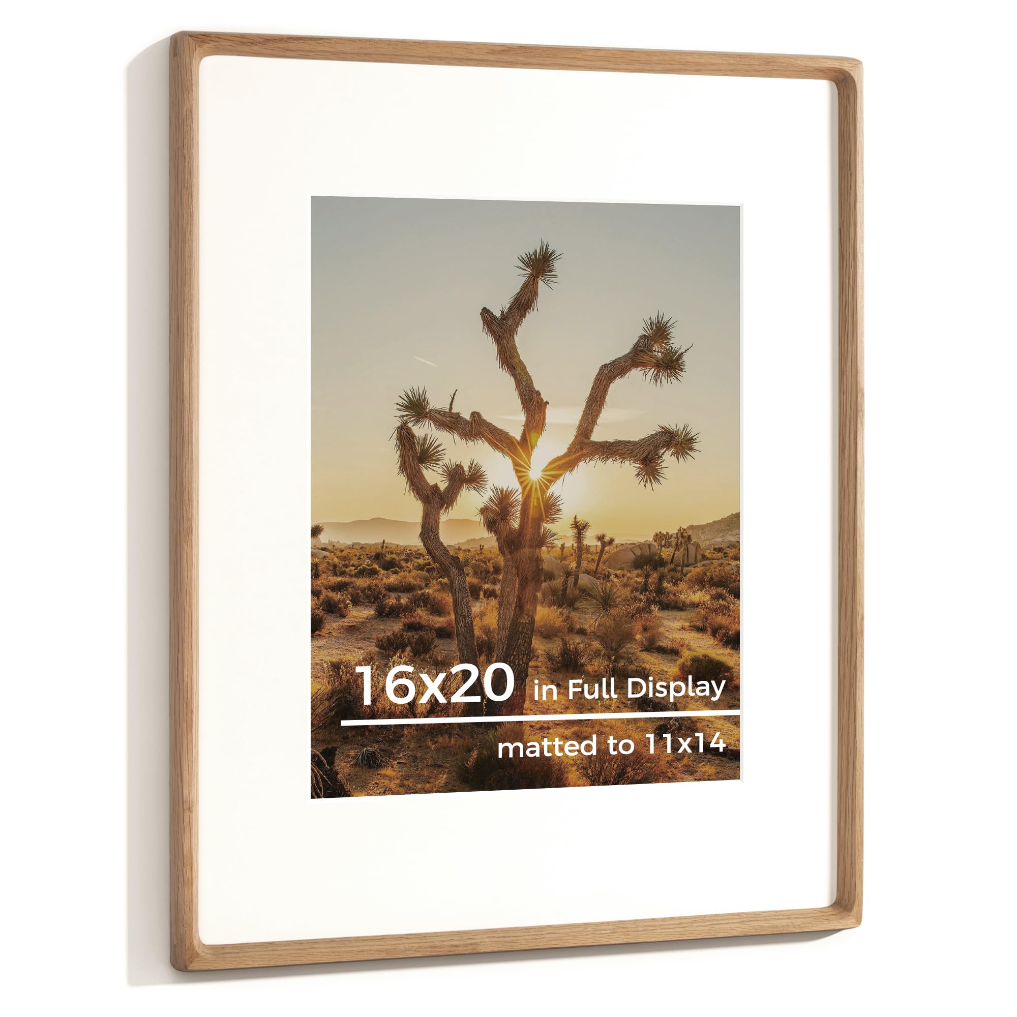 16x20 Picture Frame USA-Sourced Natural Oak Solid Wood Photo Frame Handcrafted Rounded Corner Wooden Frame with Real Glass Display Photos 11x14 with Mat or 16x20 Without Mat