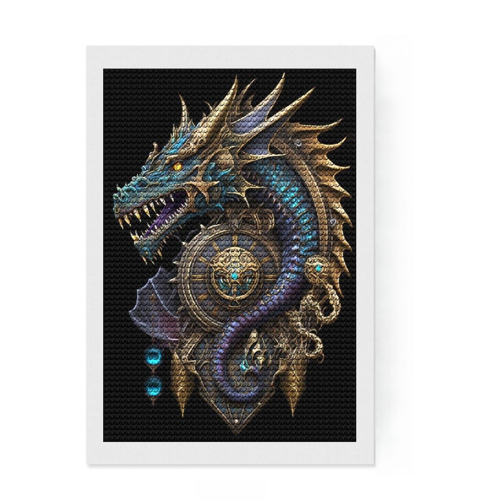 Junmoney Mystical Golden Dragon Diamond Art Canvas 8"x12", Sparkling Round Gems, Neat Printed Canvas, with Tool Kit, Office Decor, Printed Canvas
