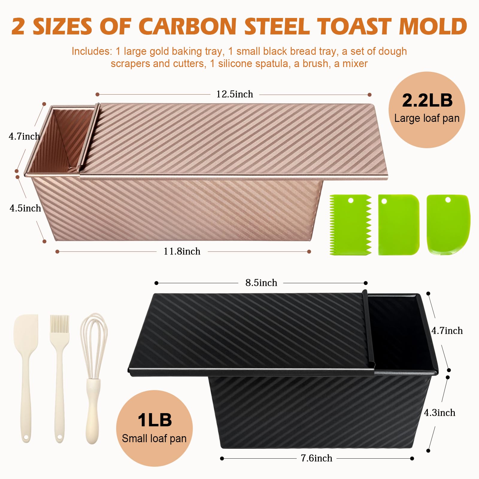 2Pack Pullman Loaf Pan with Lid, Non-Stick Carbon Steel Bread Pan for Homemade Sandwich & Sourdough Bread, 2.2lb&1lb Dough Capacity, Corrugated Toast Box Mold, Gold&Black
