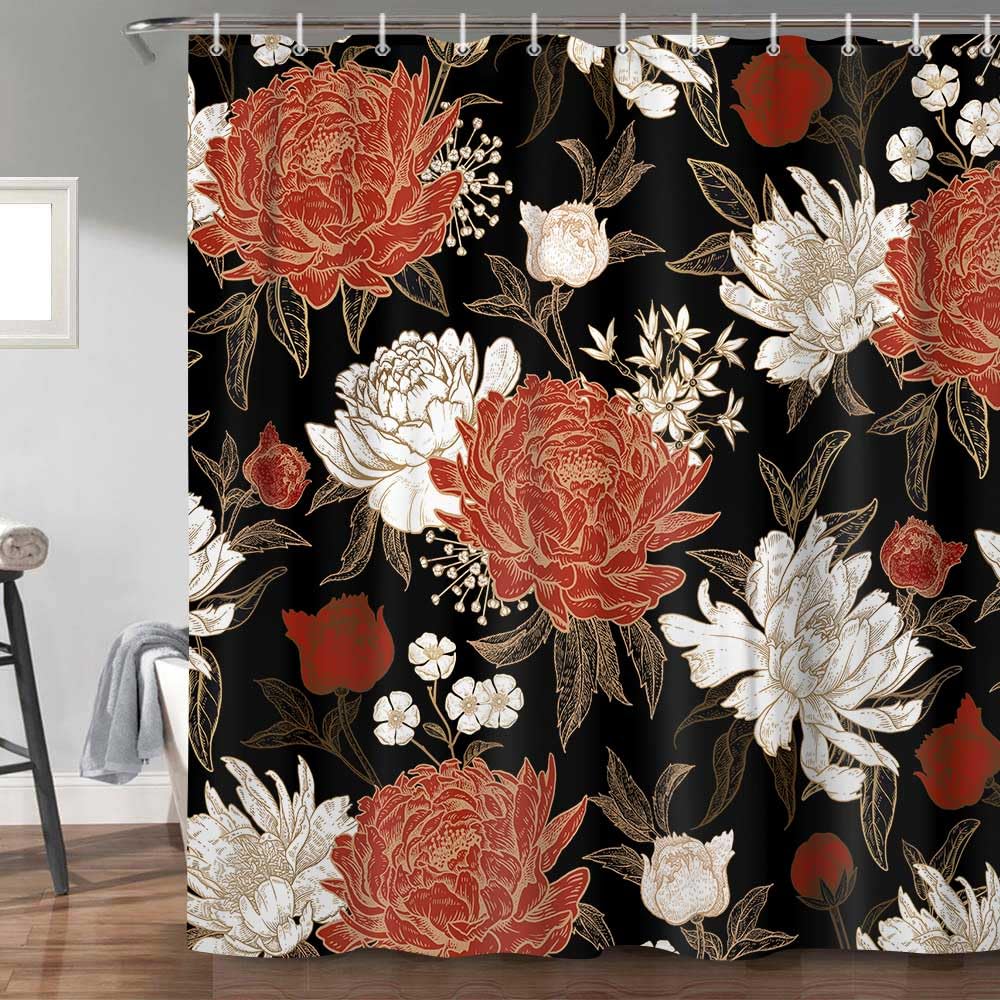 YDIDIAN Boho Floral Shower Curtain, Vintage Rose Gold Red Floral Shower Curtains for Bathroom, Black Botanical Aesthetic Boho Fabric Bathroom Decor,