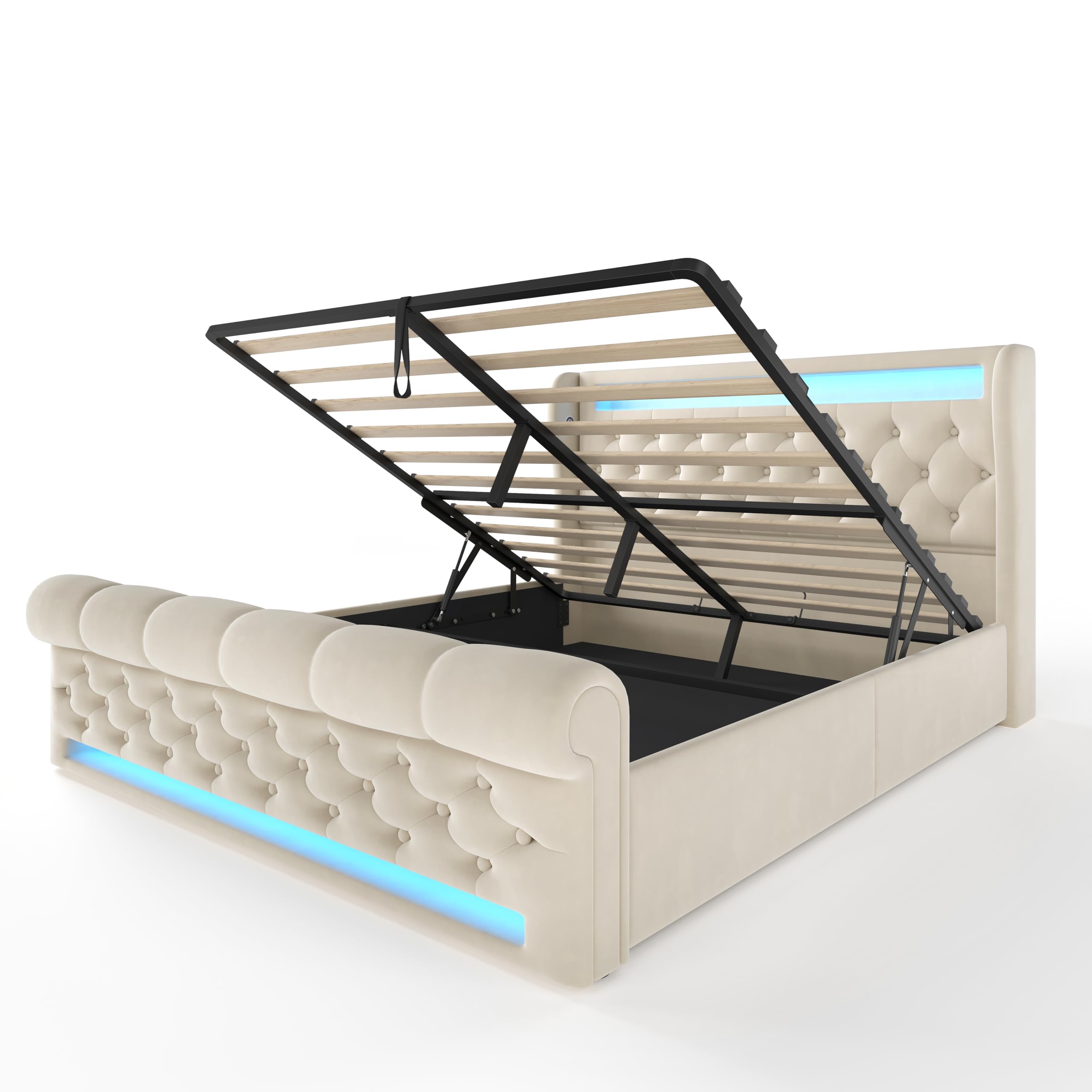 Letto Matrimoniale 160x200 con Sommier a doghe stabili e Struttura Letto divano trapuntato schienale sagomato contenitore a pistoni per la stanza della casa beige