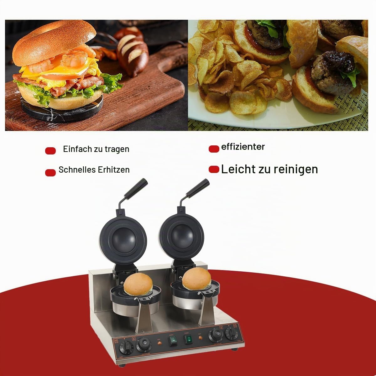 Elektrische UFO-Burger-Presse, Doppelkopf Kommerzielle Antihaftbeschichtete Panini-Presse für Hamburger, 50°C-300°C Temperaturregelung, 0-5 Min Zeiteinstellung für den gewerblichen Heimgebrauch