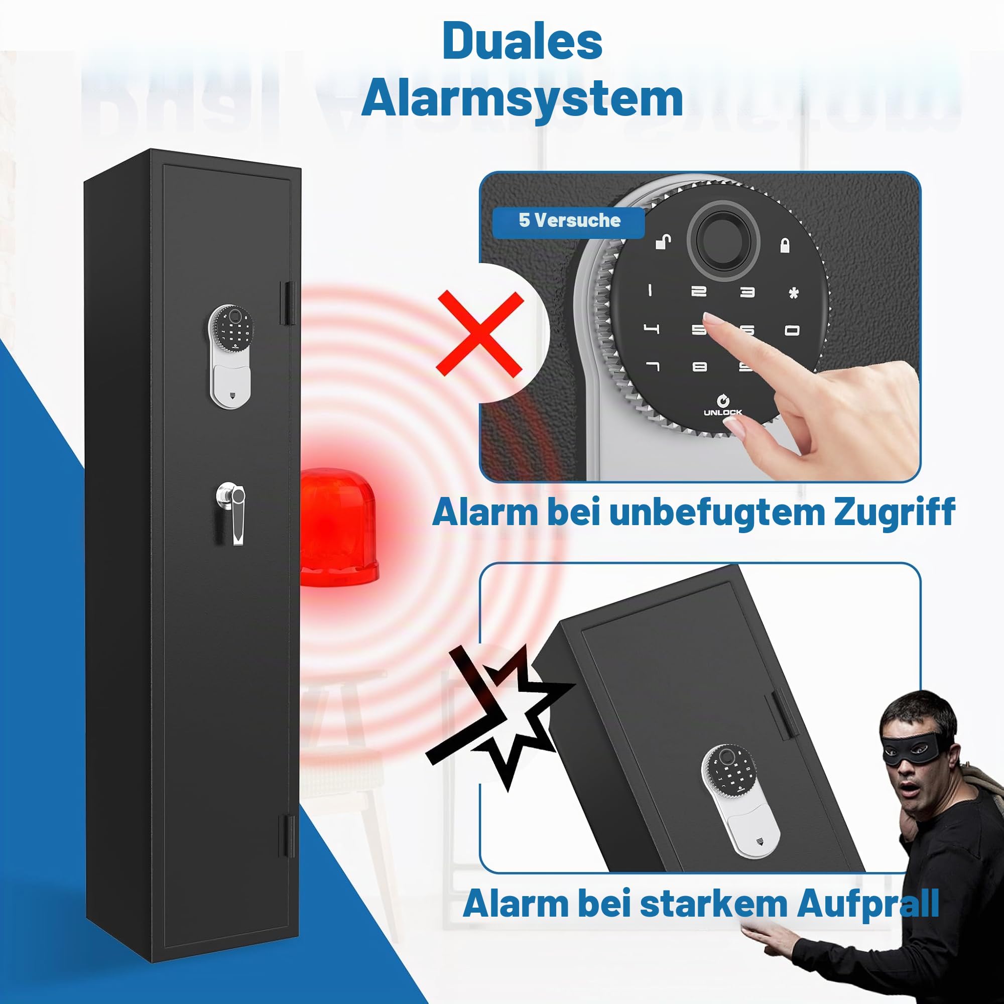 Froadp Waffenschrank aus Stahlblech, Sicherer Waffentresor & Langwaffenschrank mit Zahlenschloss & Schlüsselschloss, inkl. Alarm & LED, Munitionsschrank für Gewehre, Pistolen & Zubehör, Schwarz