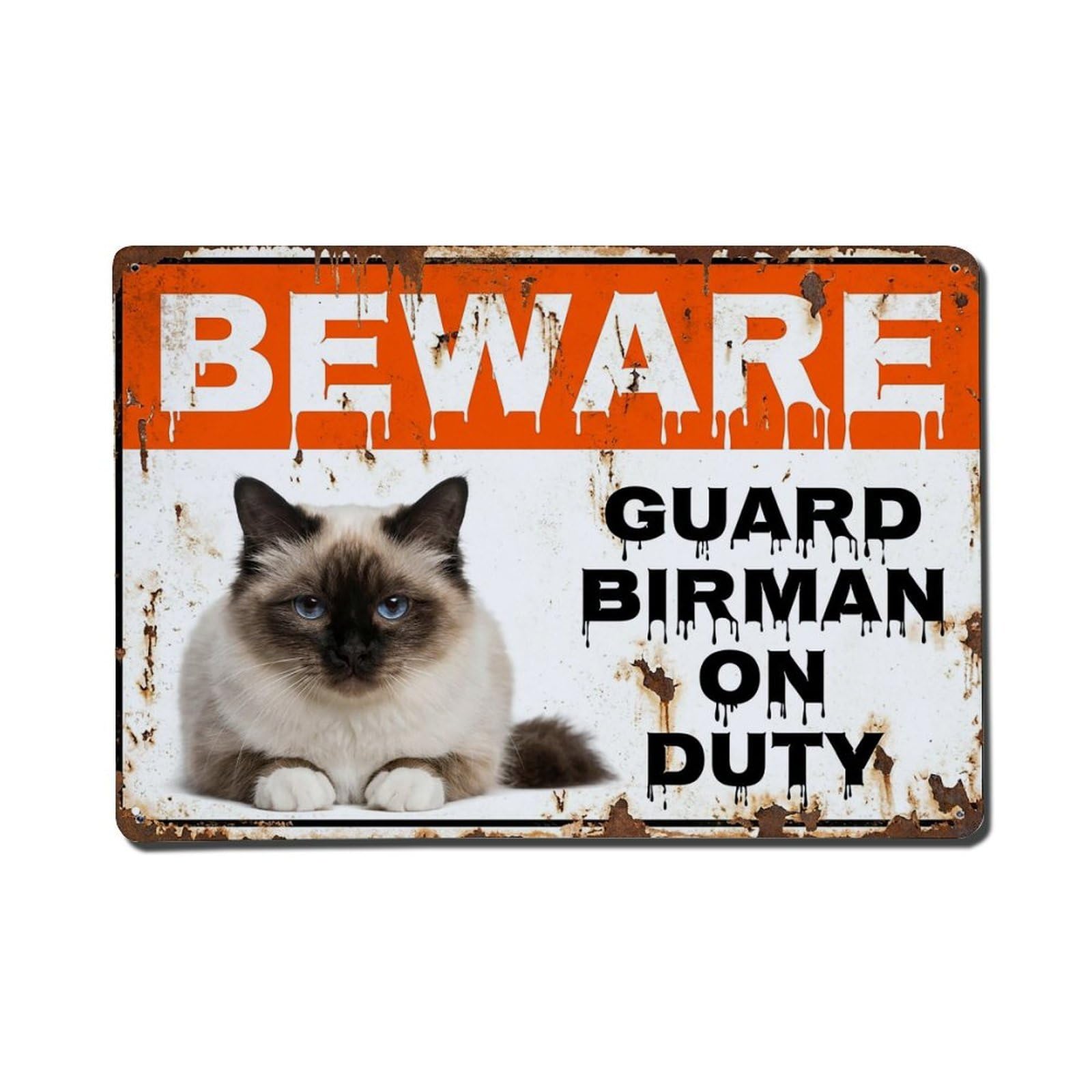 Vintage Funny Birman Guard Beware of Cat Walkway Metal Tin Sign Plaque Wall Decor for Cafe, Club Bar, Office, Garden Metal Poster 8x12Inch